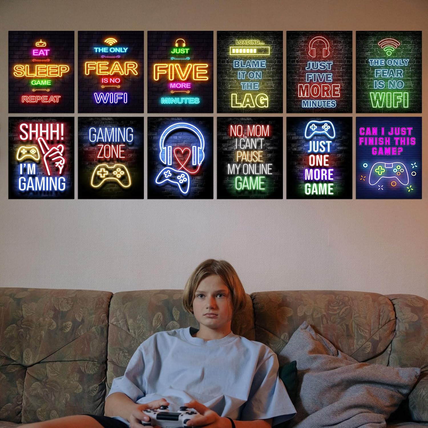 Vibrant 12PCS Neon Gaming Posters for Ultimate Gaming Room Decor
