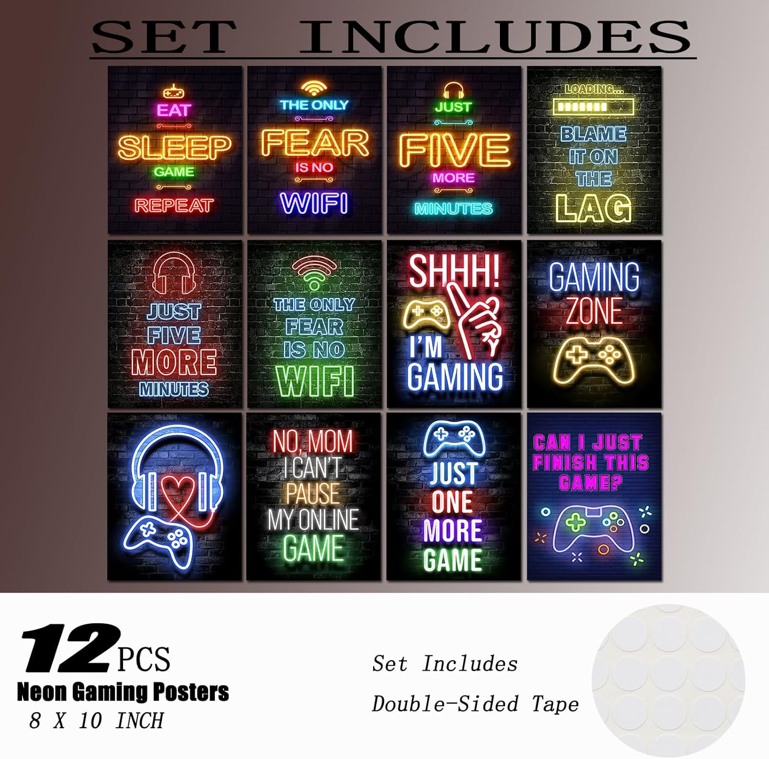 Vibrant 12PCS Neon Gaming Posters for Ultimate Gaming Room Decor