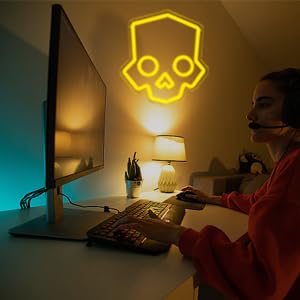 Skull Neon Sign – Yellow LED Neon Lights for Game Room Decor & Man Cave Lighting