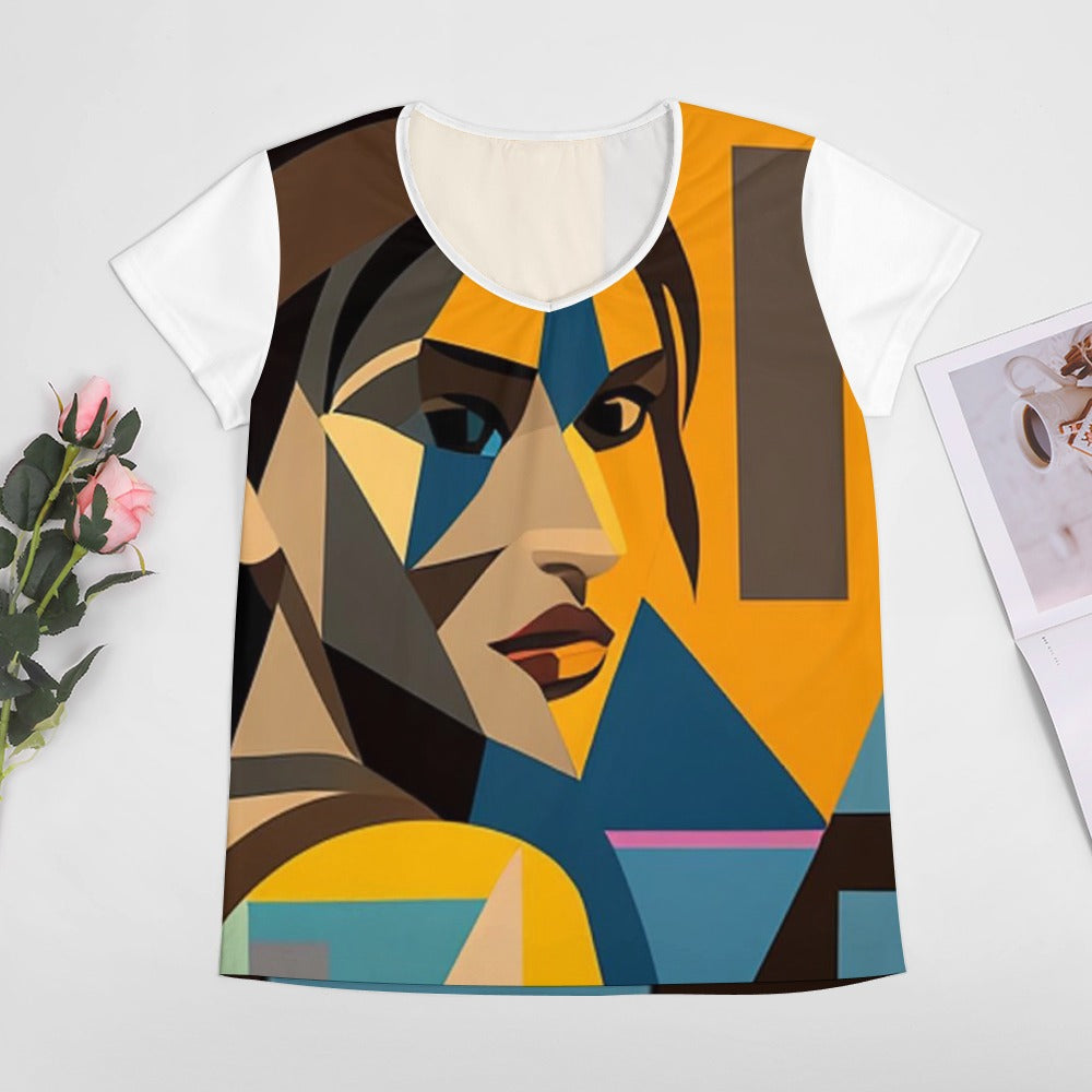 Lara Croft V-Neck Women's Graphic Tee – Picasso Style Casual Summer Shirt