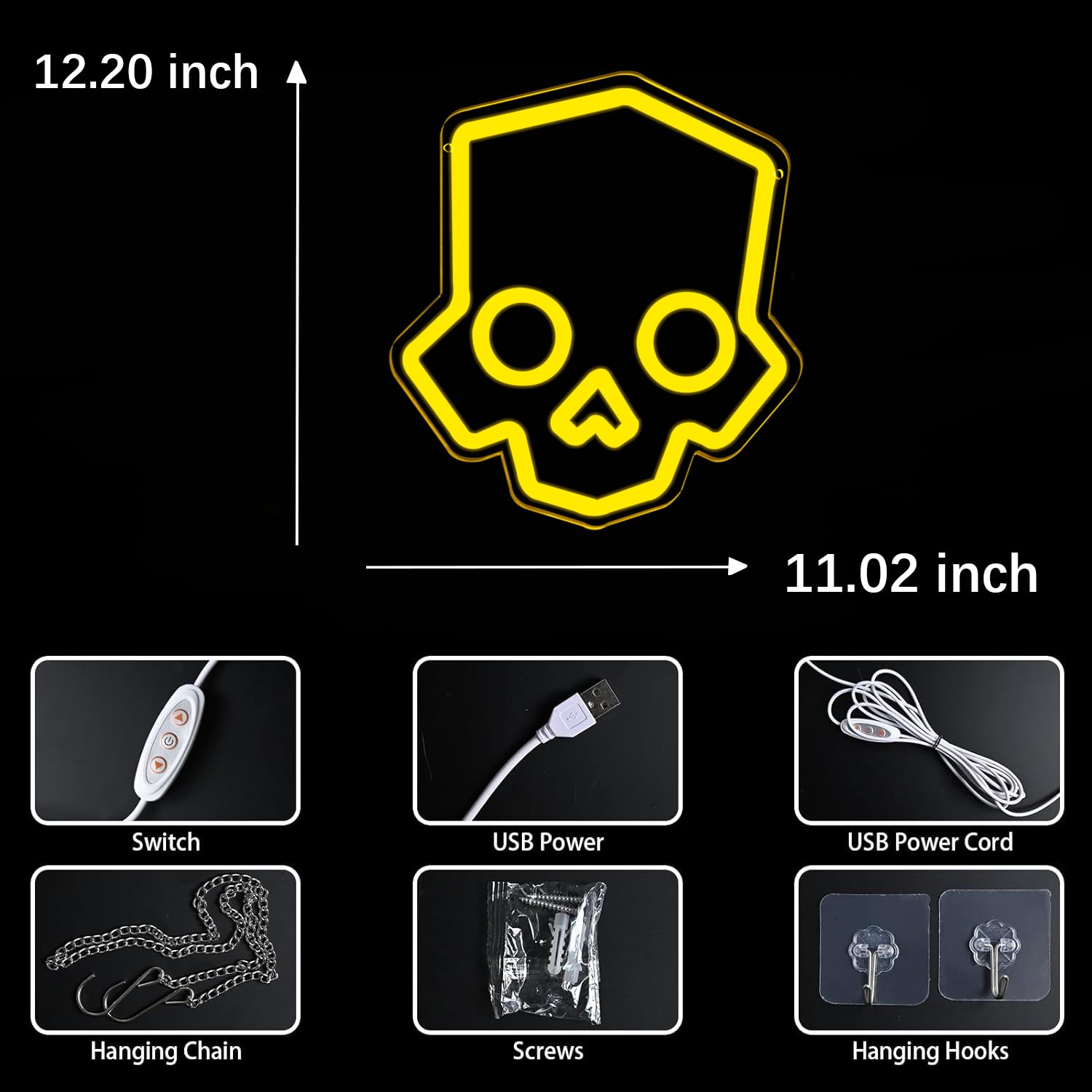 Skull Neon Sign – Yellow LED Neon Lights for Game Room Decor & Man Cave Lighting