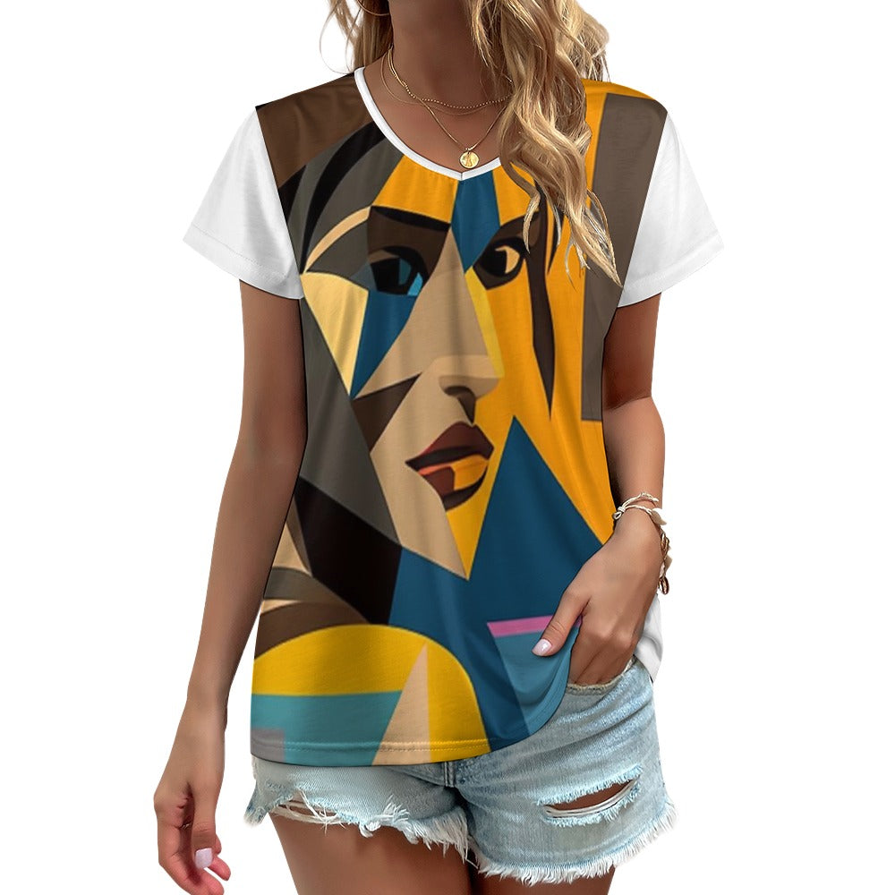 Lara Croft V-Neck Women's Graphic Tee – Picasso Style Casual Summer Shirt