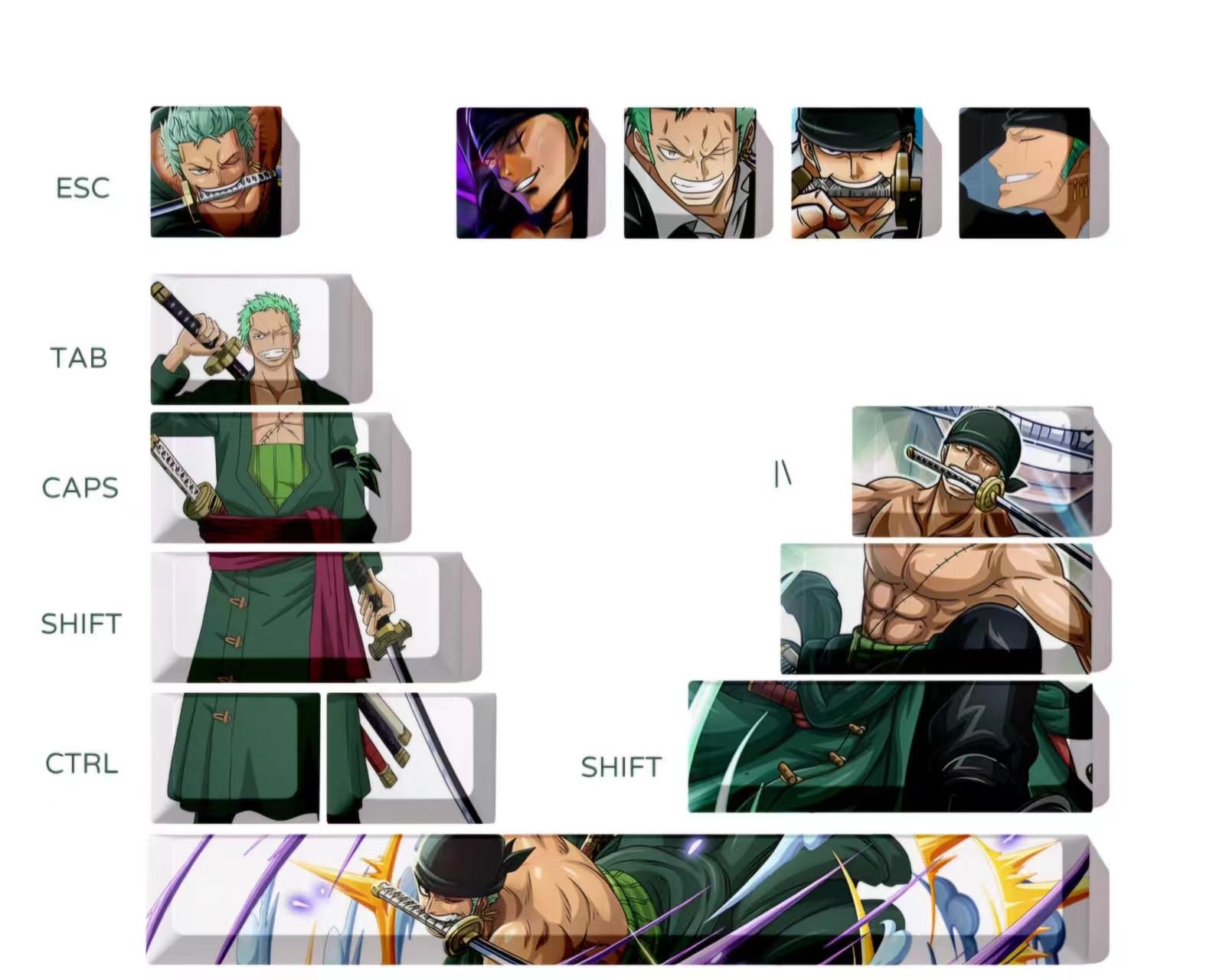Computer keyborads PBT Dye Upgrade 68 Keycap Set Profile Keycaps Keyset with Puller for Cherry Mx Gateron Kailh Switch Mechanical Keyboard Japanese Anime Series (12-one Piece Zoro)