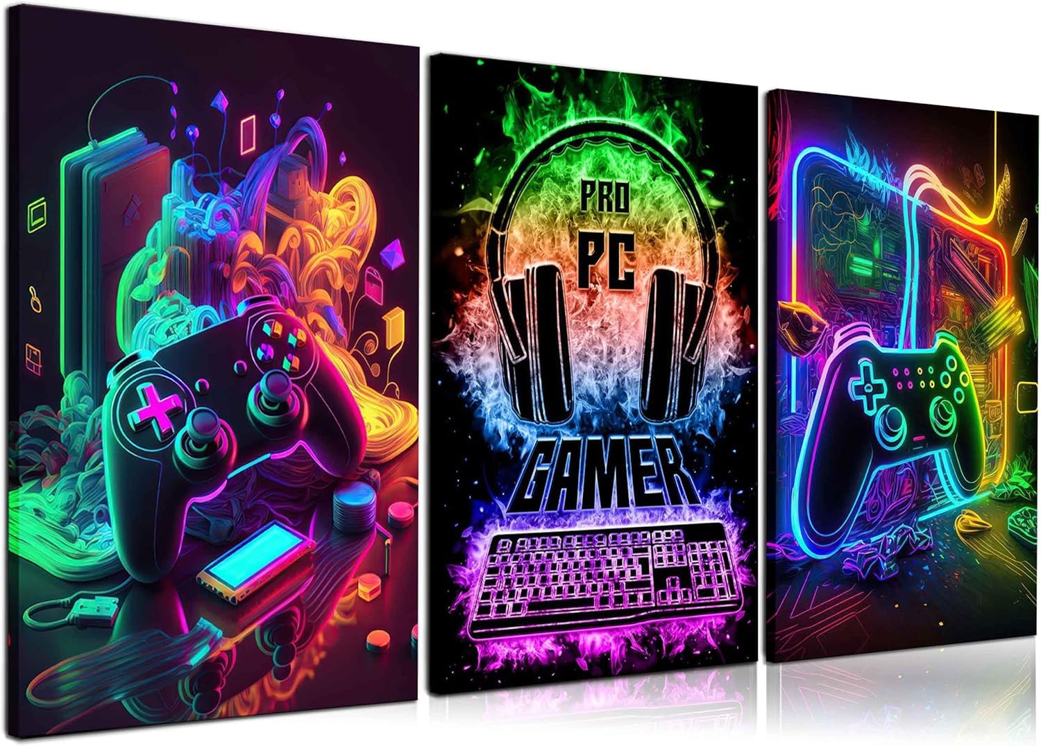 3Pcs Cool Gaming Wall Art Retro Video Game watercolor Posters Pictures Colorful Neon Gamepad Canvas Painting Prints for Boys Room Kids Game Room Bedroom for Boys Home Decoration 12x16in Unframed