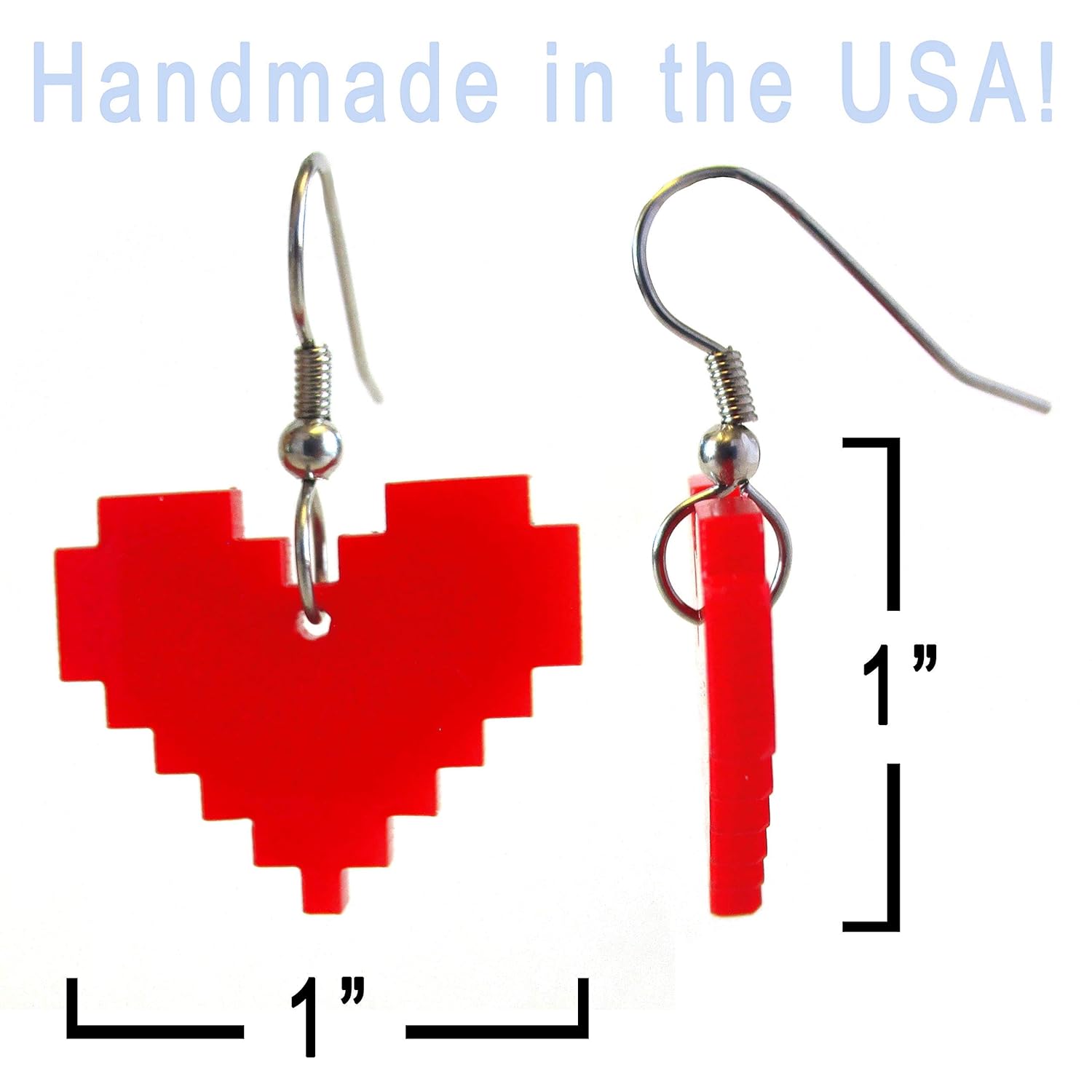 8 Bit Pixel Earrings - Handmade Red Gamer Heart Hypoallergenic Nickel Free Jewelry