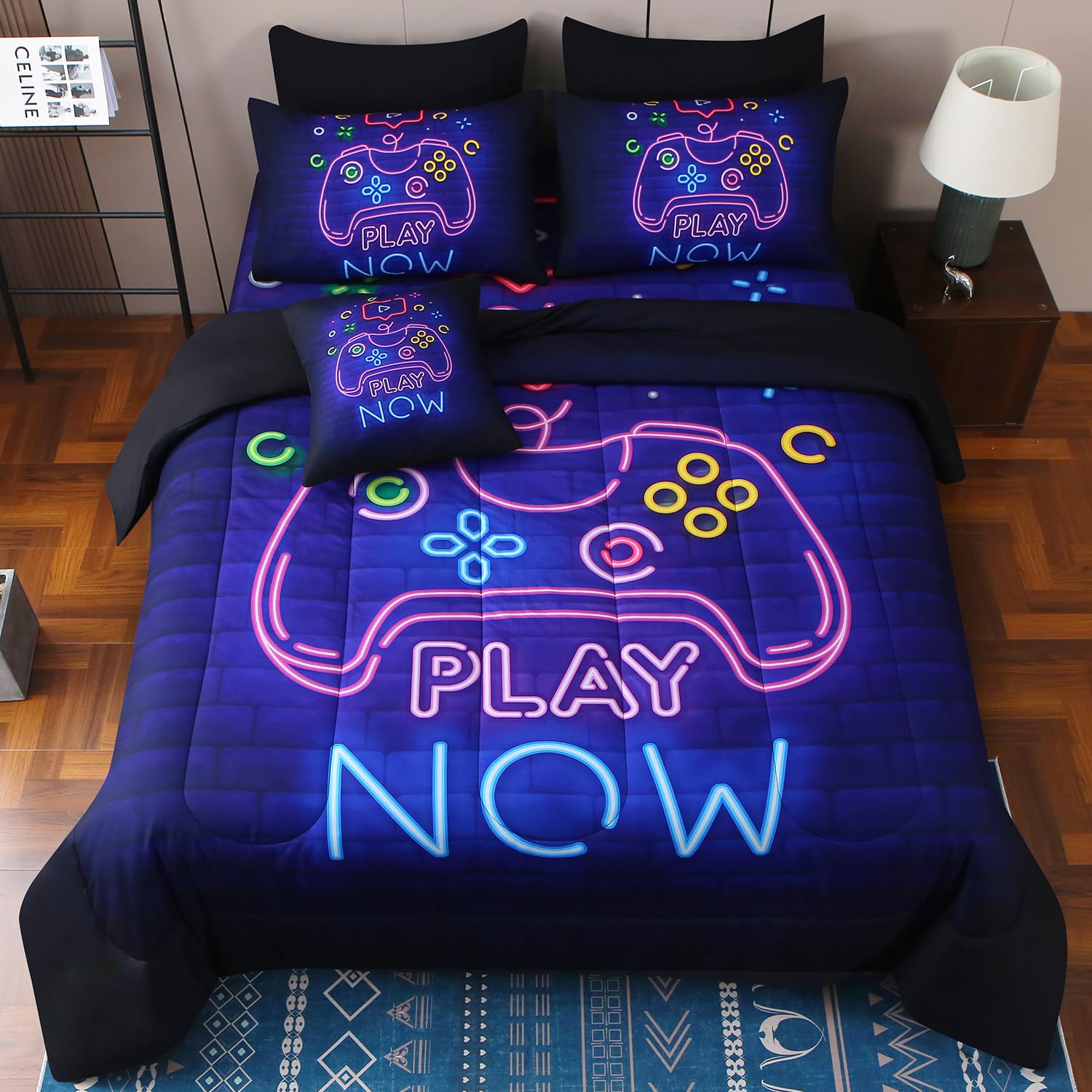 JQinHome Full Gamer Comforter Set,6 Piece Bed in A Bag 3D Video Game Bedding -All Season Down Alternative Gamer Bedding Sets - (Blue Game Controller)