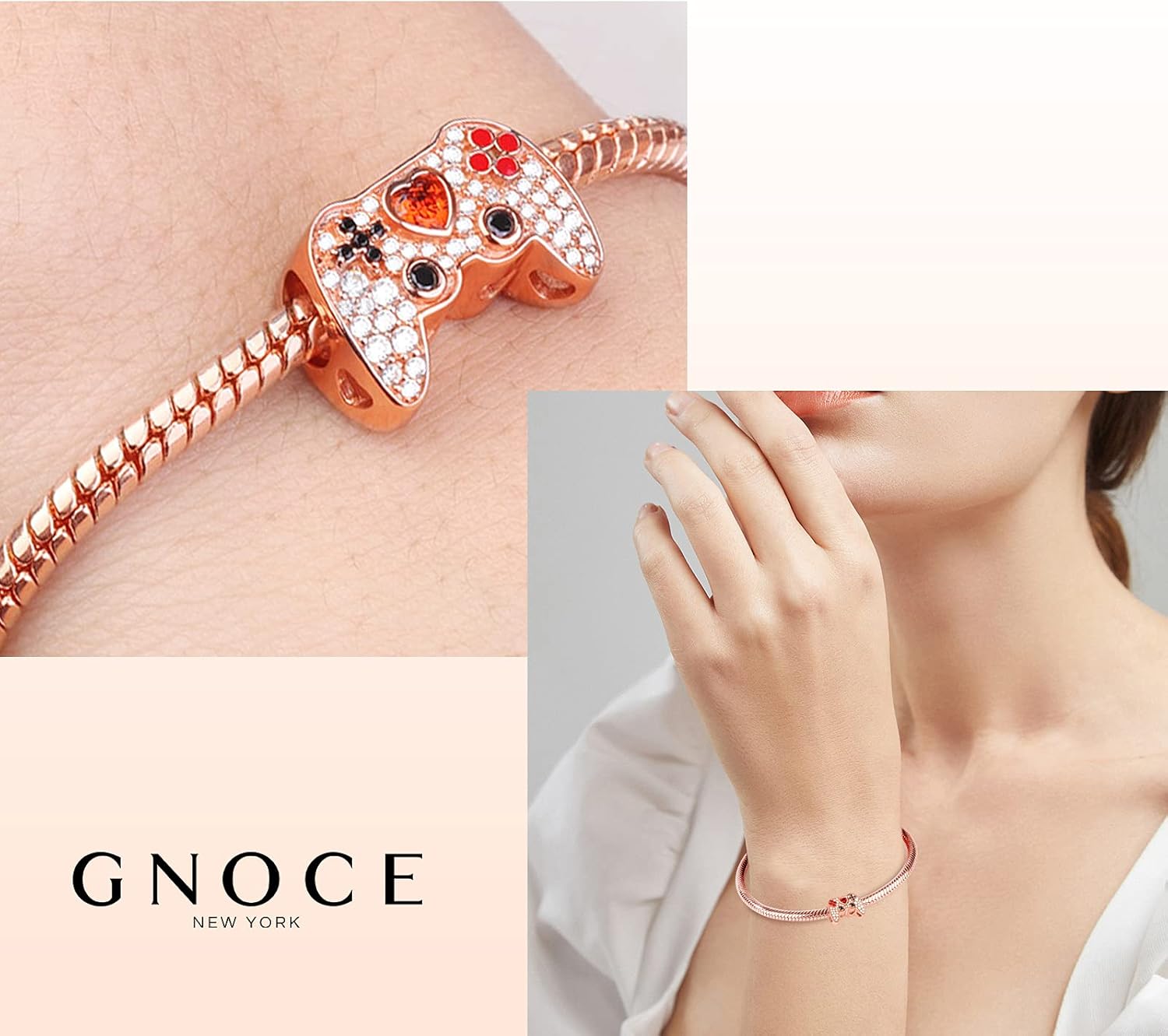 Gamepad Charm Bead - Sterling Silver Rose Gold Charm with CZ for Gamer Jewelry Gift