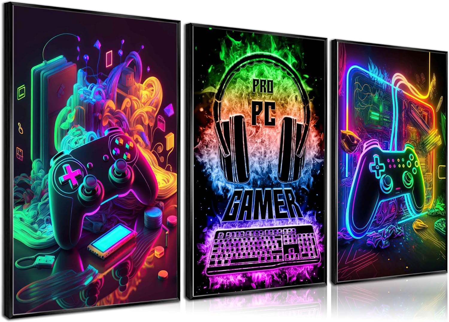 3Pcs Cool Gaming Wall Art Retro Video Game watercolor Posters Pictures Colorful Neon Gamepad Canvas Painting Prints for Boys Room Kids Game Room Bedroom for Boys Home Decoration 12x16in Unframed