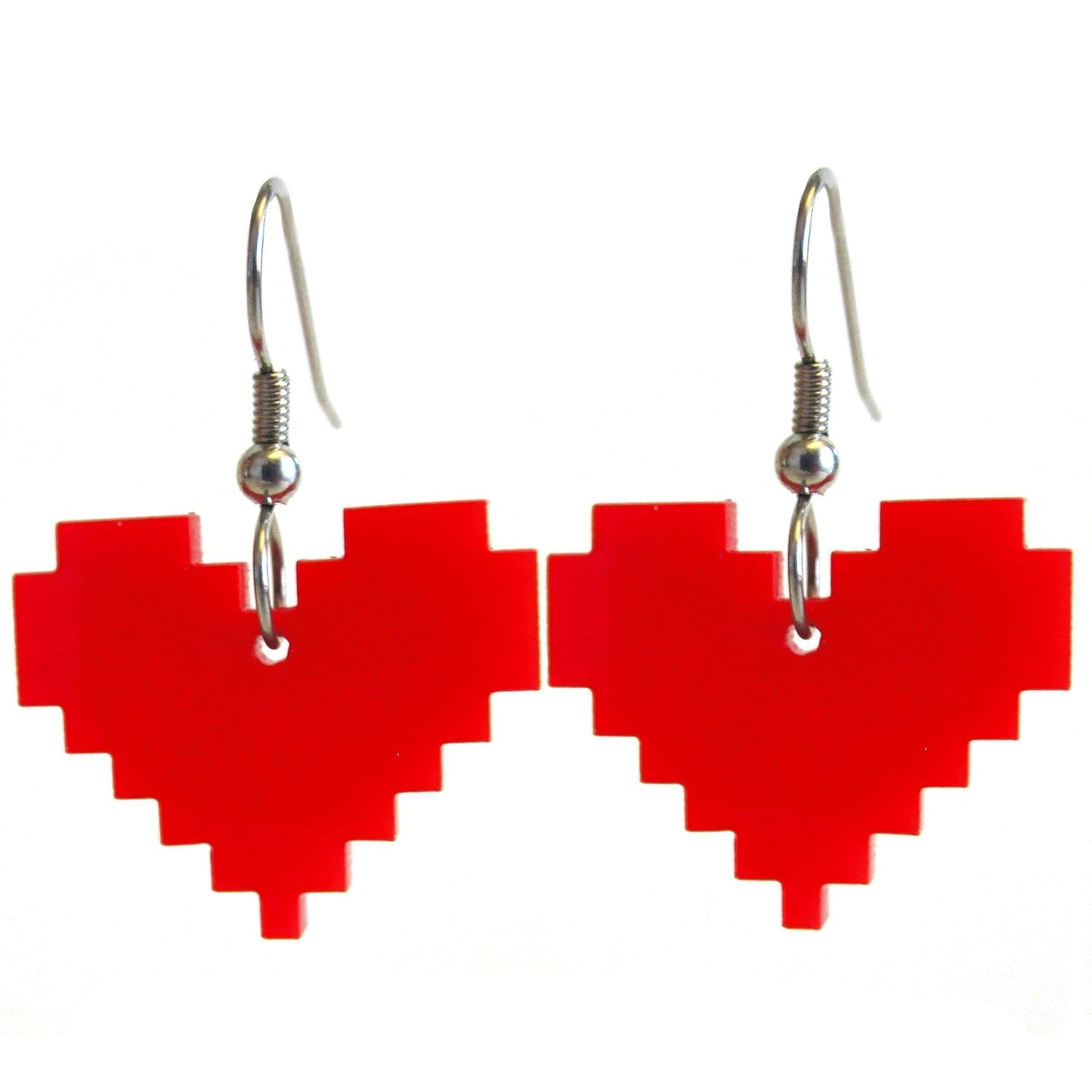 8 Bit Pixel Earrings - Handmade Red Gamer Heart Hypoallergenic Nickel Free Jewelry