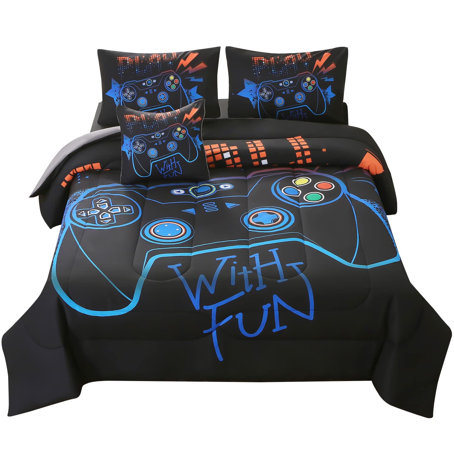 JQinHome Full Gamer Comforter Set,6 Piece Bed in A Bag 3D Video Game Bedding -All Season Down Alternative Gamer Bedding Sets - (Blue Game Controller)