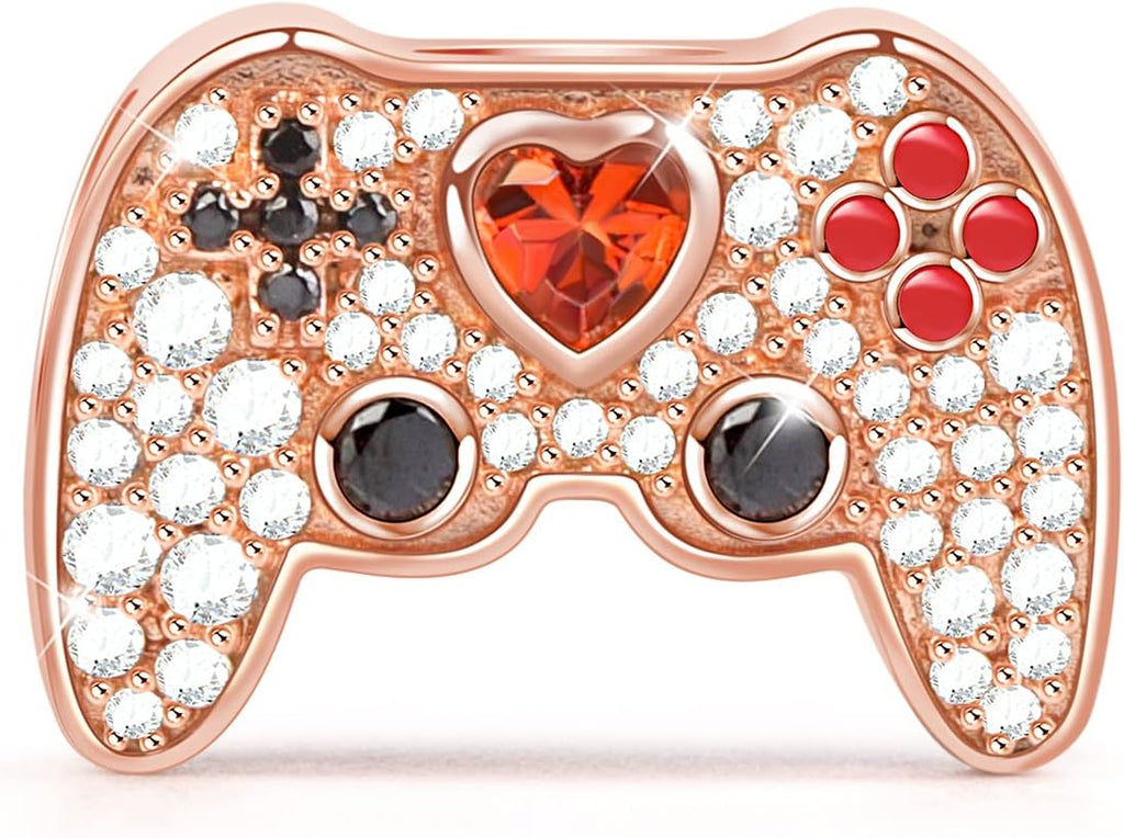 Gamepad Charm Bead - Sterling Silver Rose Gold Charm with CZ for Gamer Jewelry Gift