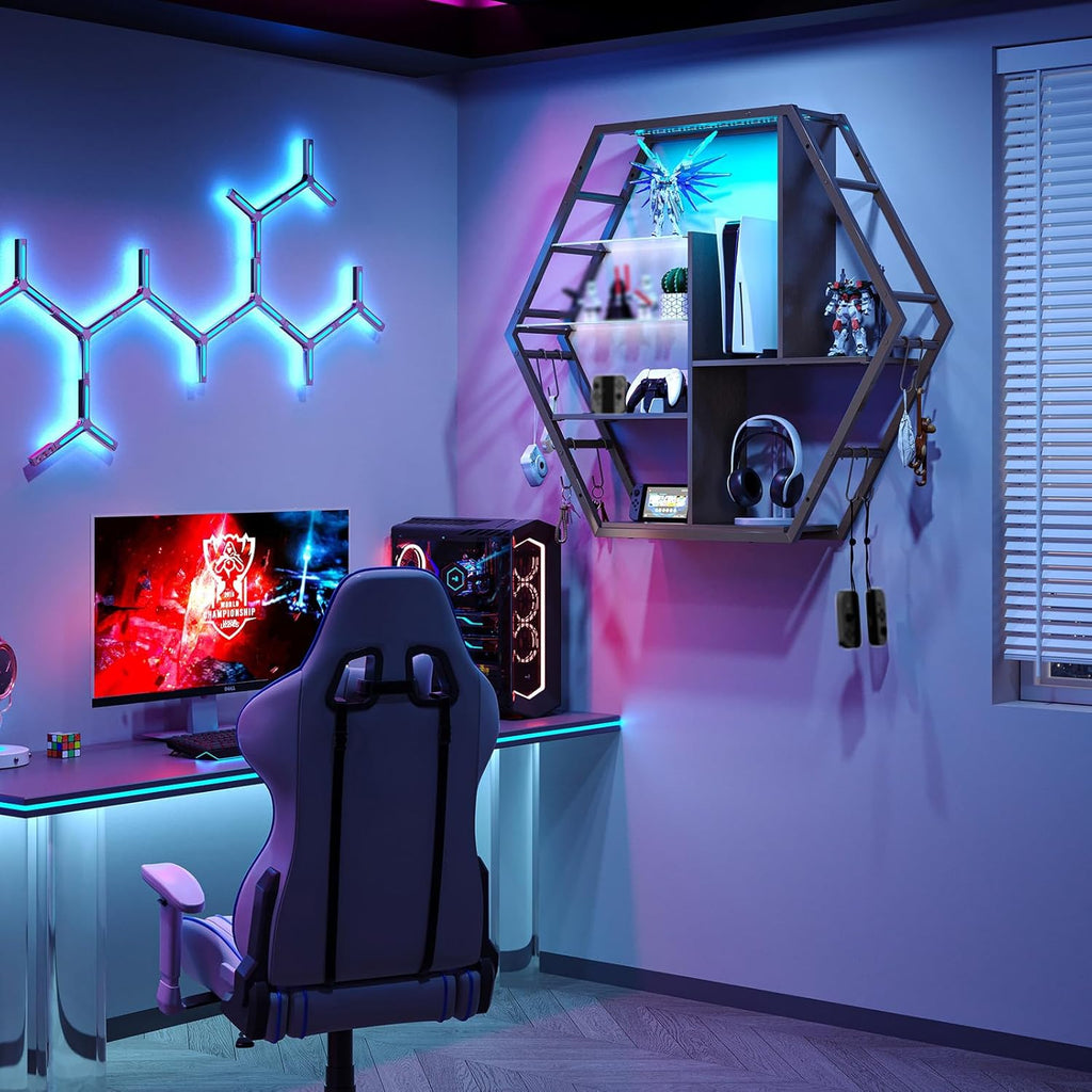 Floating Shelves With Lights – RGB Light Shelves, Honeycomb Hexagonal Design, Sturdy Storage