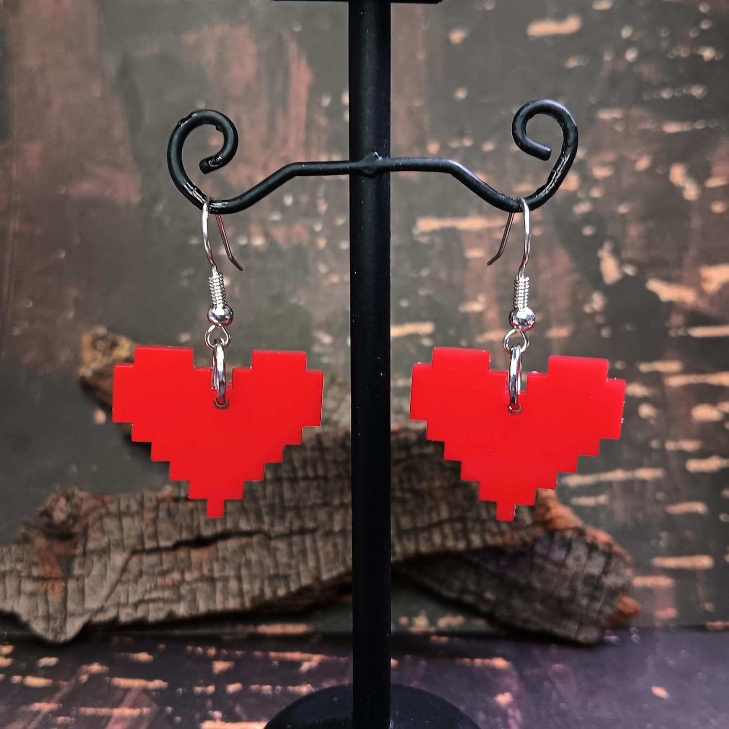 8 Bit Pixel Earrings - Handmade Red Gamer Heart Hypoallergenic Nickel Free Jewelry