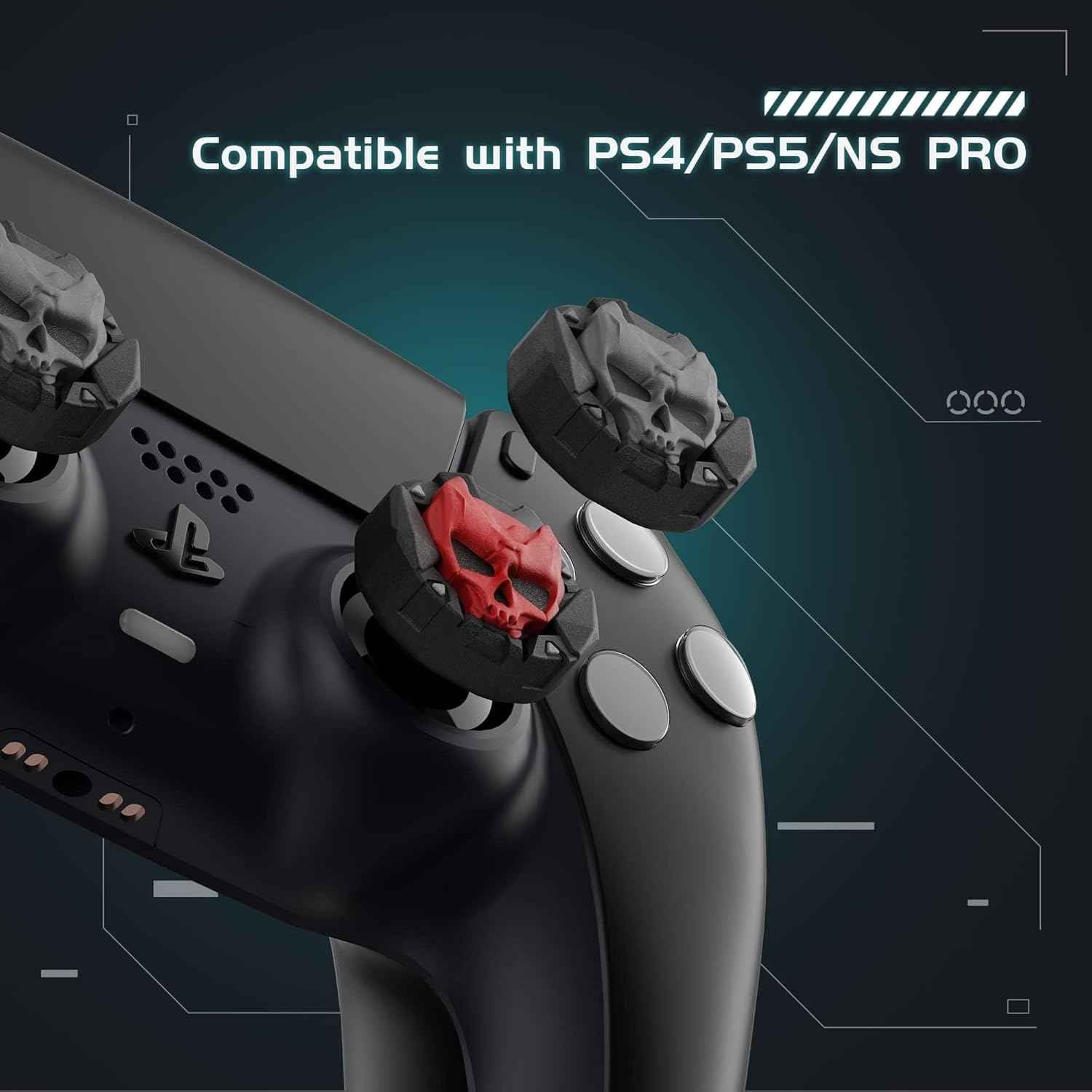 Skull Thumb Grip Caps – Silicone PS5 Controller Accessories | Non Slip Black Red Covers