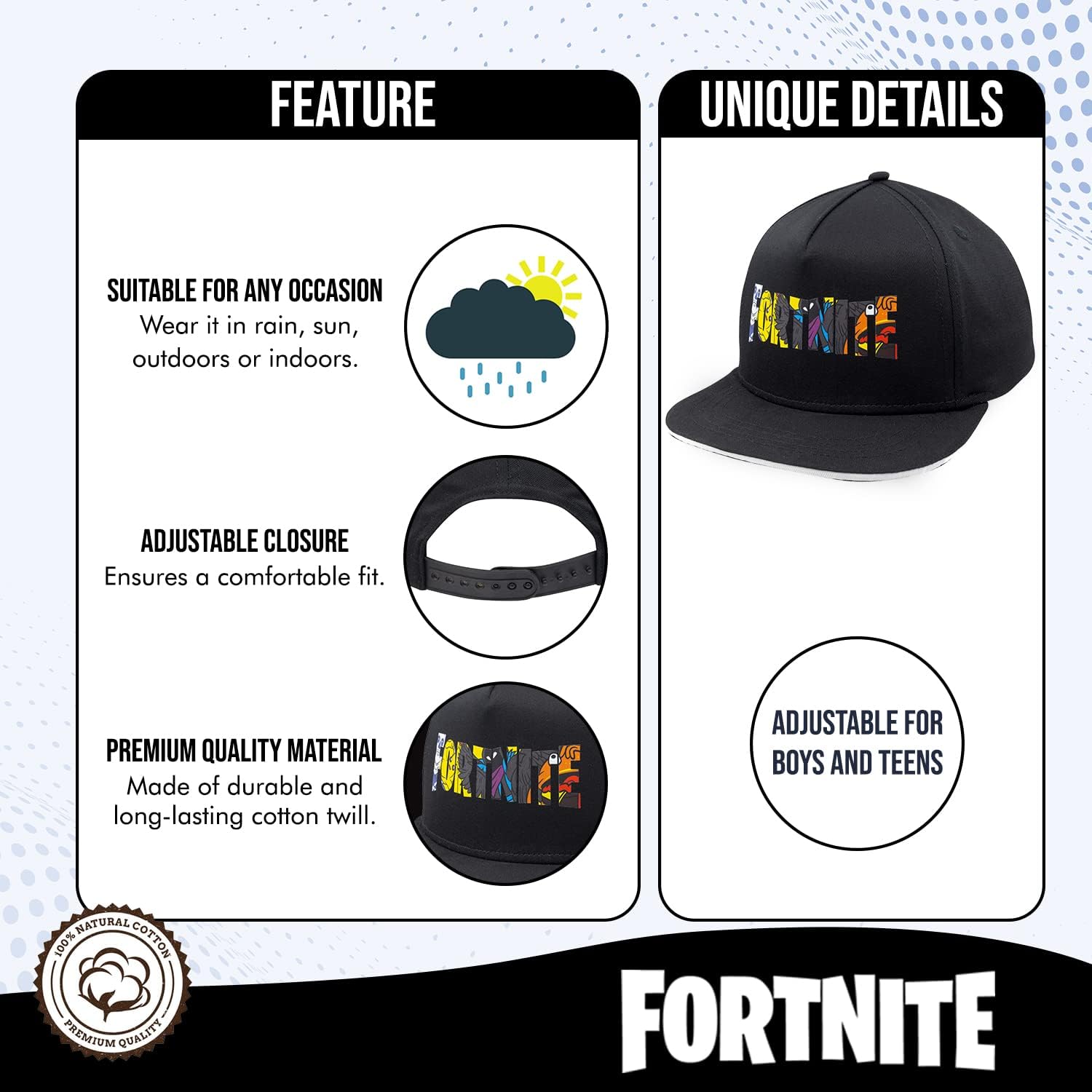 Fortnite Baseball Cap – Boys Fitted Hat With Flatbrim Cotton Design