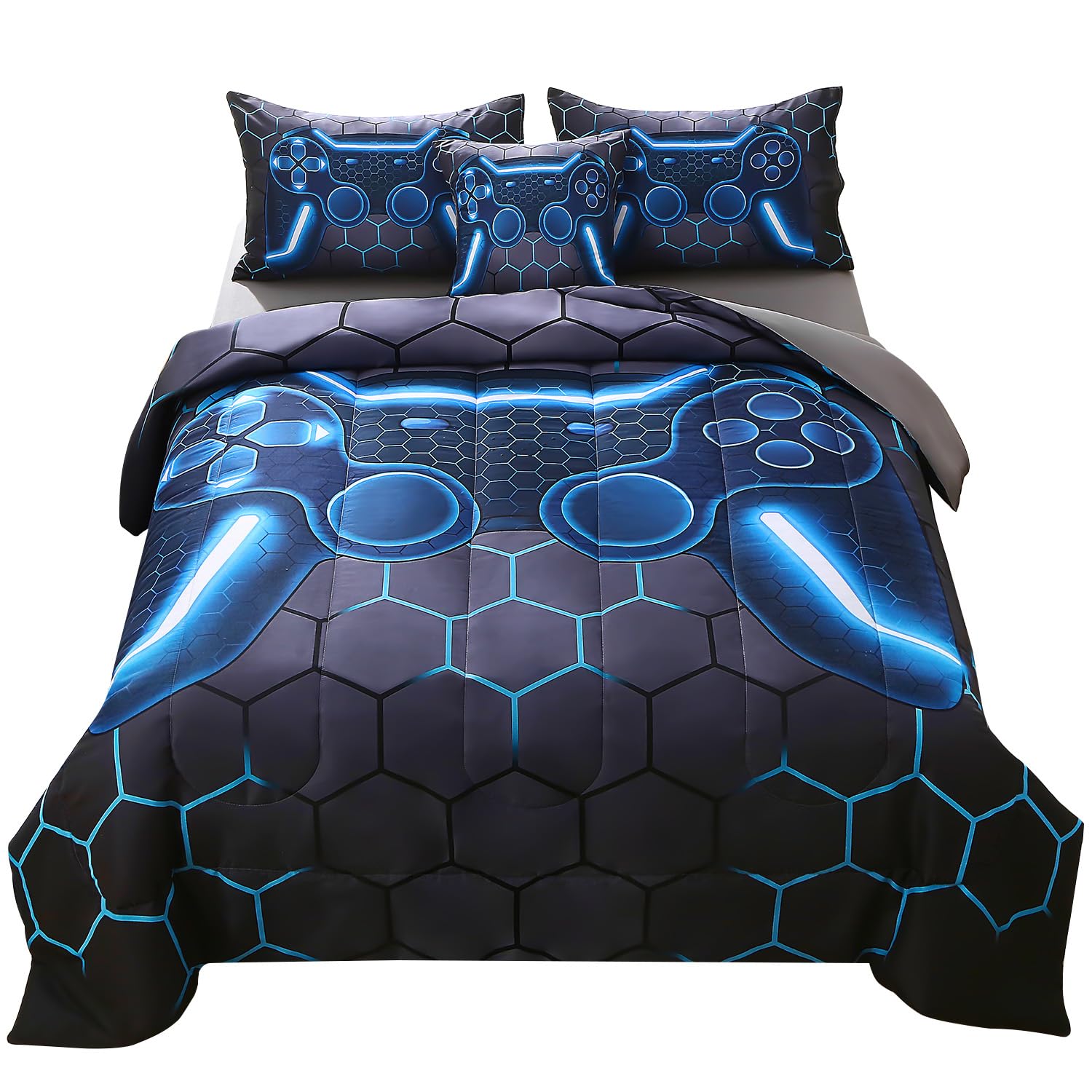 JQinHome Full Gamer Comforter Set,6 Piece Bed in A Bag 3D Video Game Bedding -All Season Down Alternative Gamer Bedding Sets - (Blue Game Controller)