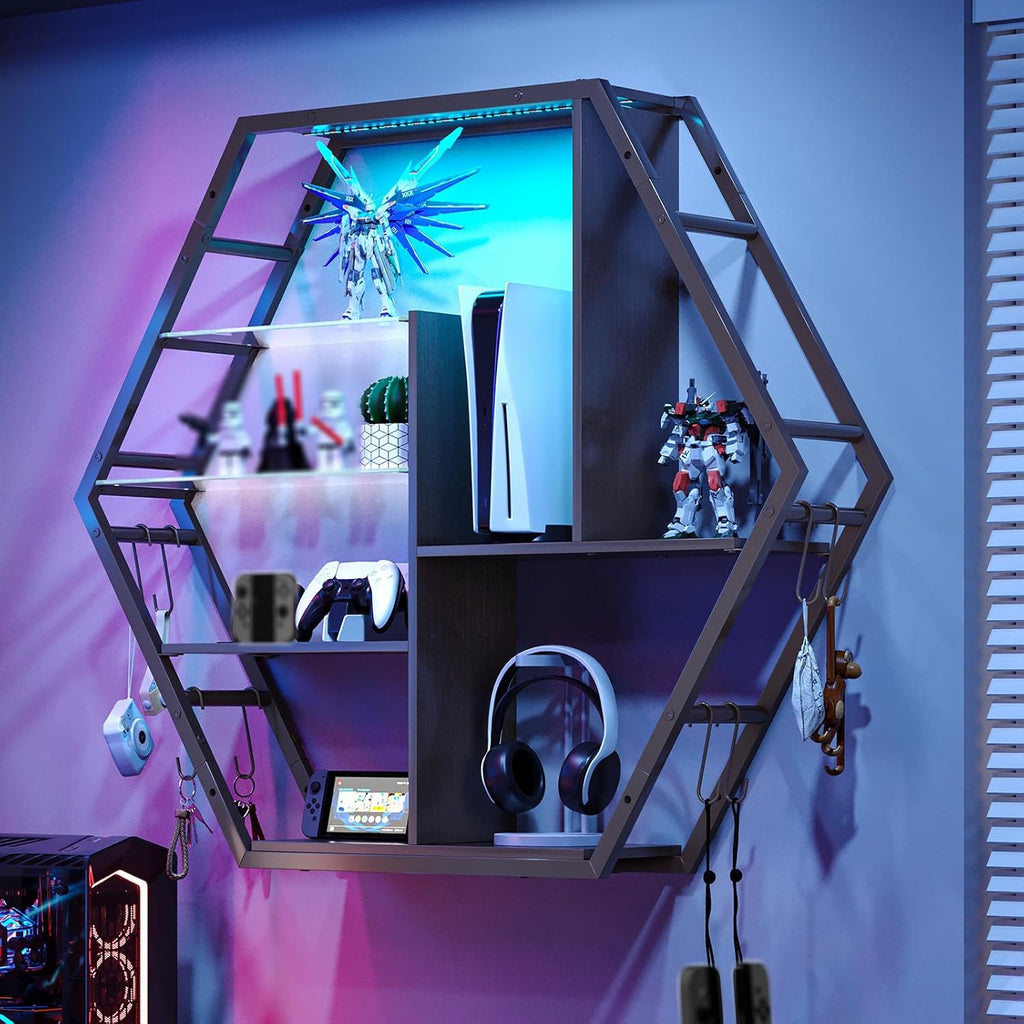 Floating Shelves With Lights – RGB Light Shelves, Honeycomb Hexagonal Design, Sturdy Storage