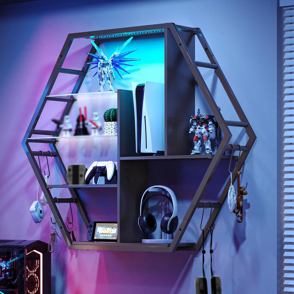Floating Shelves With Lights – RGB Light Shelves, Honeycomb Hexagonal Design, Sturdy Storage