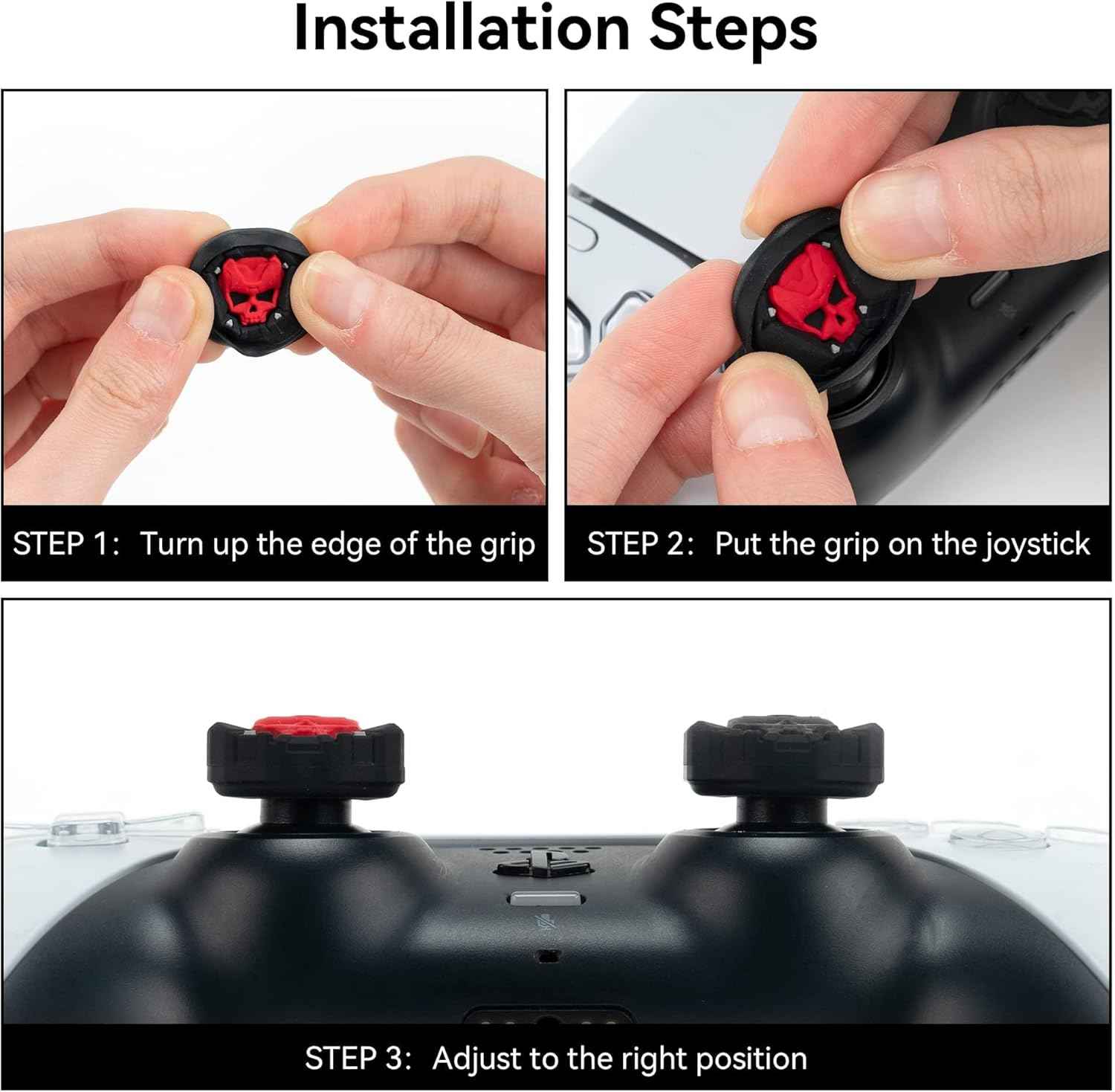Skull Thumb Grip Caps – Silicone PS5 Controller Accessories | Non Slip Black Red Covers