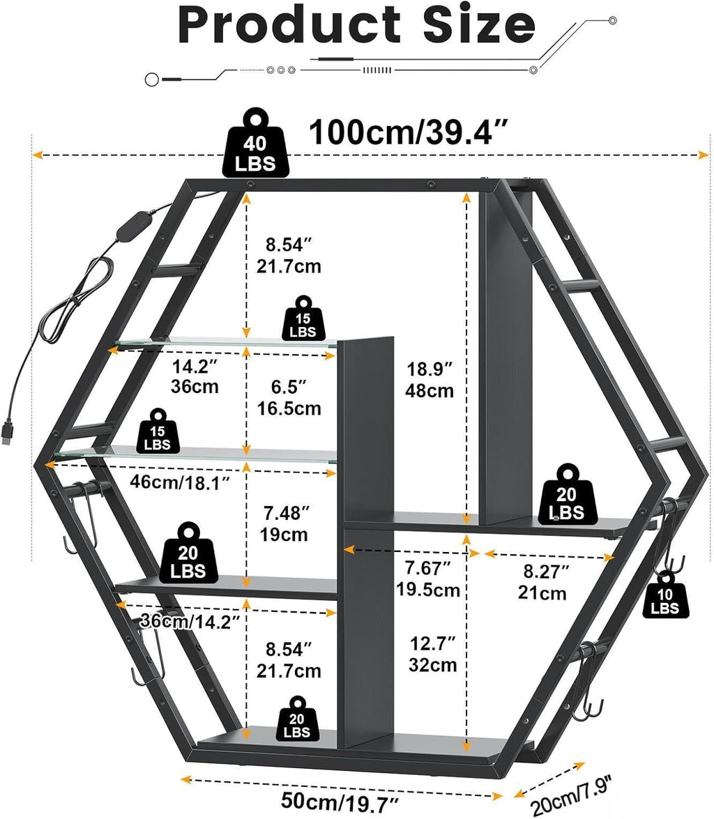 Floating Shelves With Lights – RGB Light Shelves, Honeycomb Hexagonal Design, Sturdy Storage