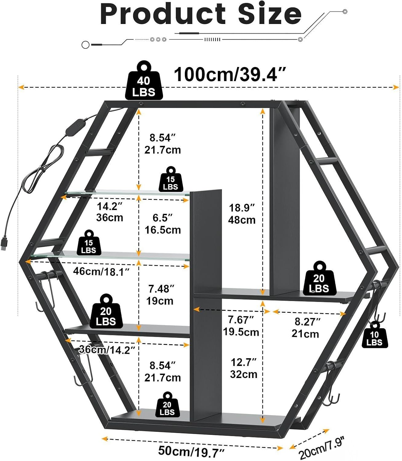 Floating Shelves With Lights – RGB Light Shelves, Honeycomb Hexagonal Design, Sturdy Storage