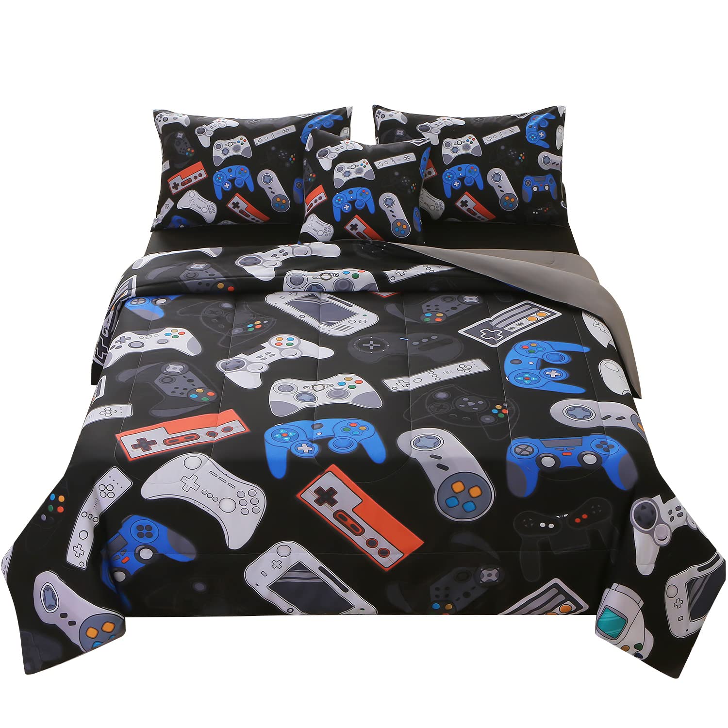 JQinHome Full Gamer Comforter Set,6 Piece Bed in A Bag 3D Video Game Bedding -All Season Down Alternative Gamer Bedding Sets - (Blue Game Controller)
