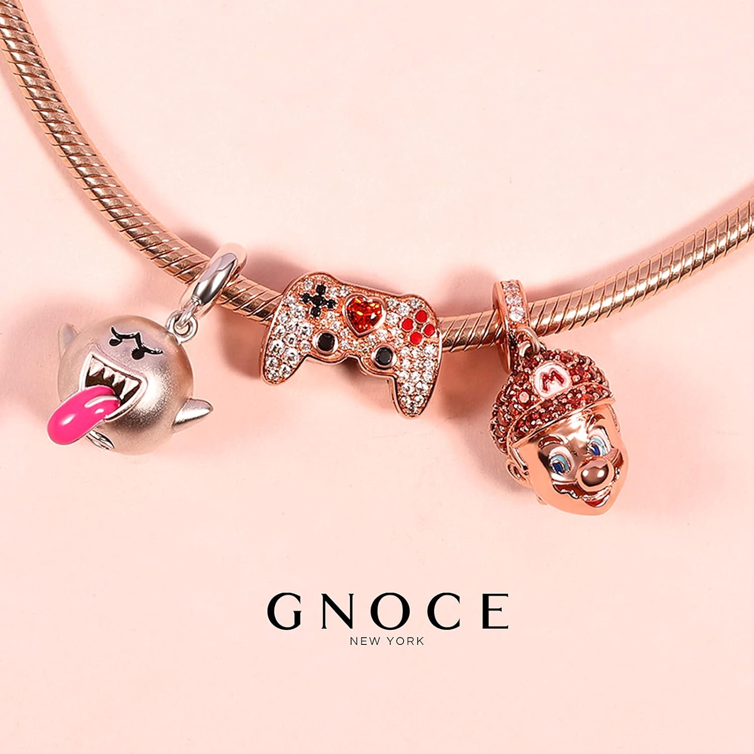 Gamepad Charm Bead - Sterling Silver Rose Gold Charm with CZ for Gamer Jewelry Gift