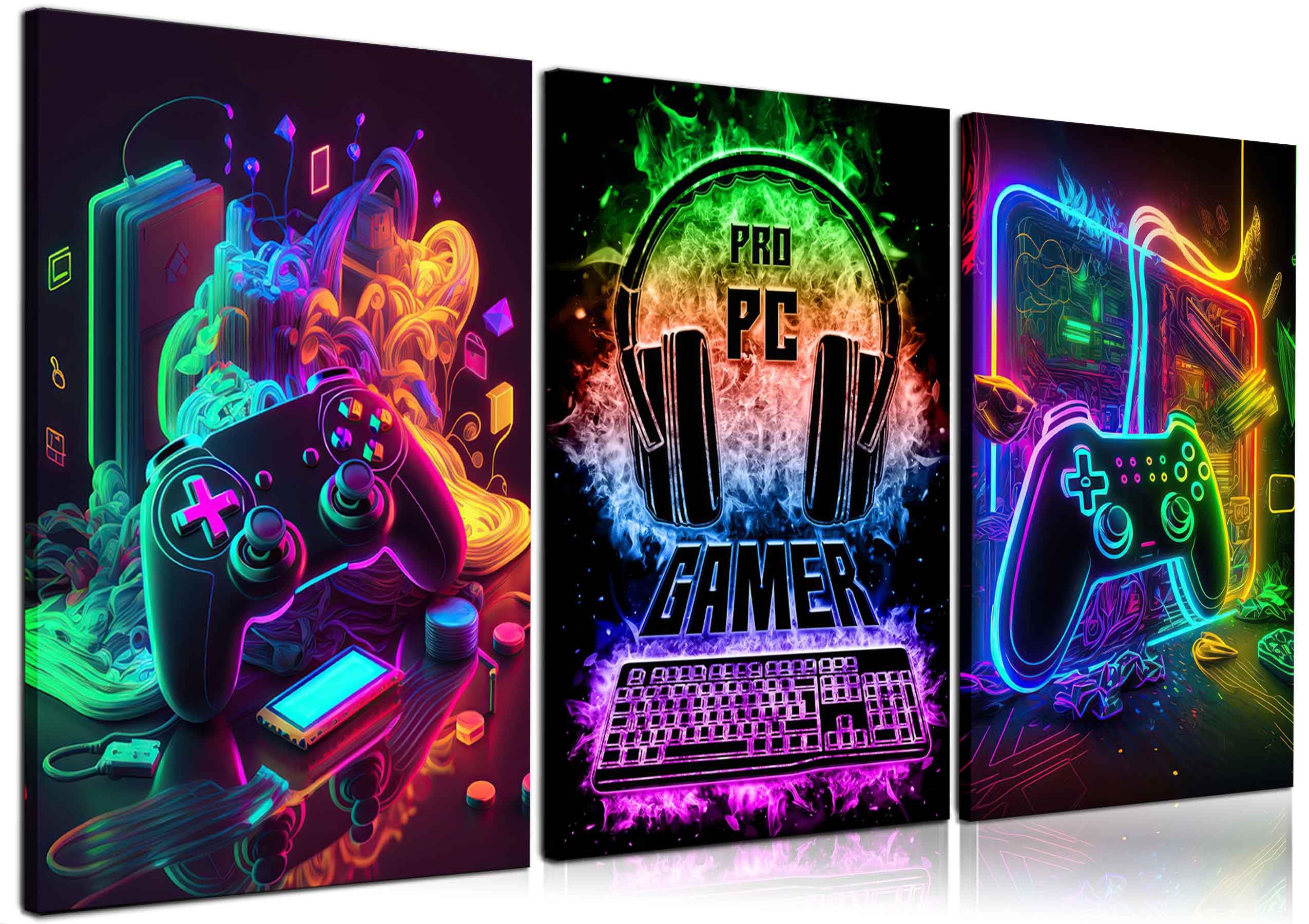 3Pcs Cool Gaming Wall Art Retro Video Game watercolor Posters Pictures Colorful Neon Gamepad Canvas Painting Prints for Boys Room Kids Game Room Bedroom for Boys Home Decoration 12x16in Unframed