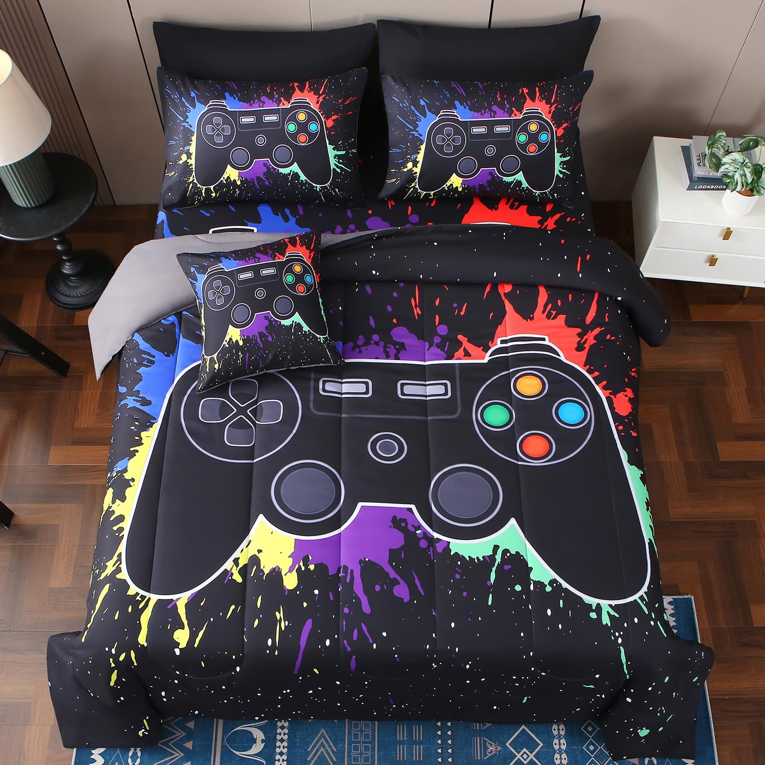 JQinHome Full Gamer Comforter Set,6 Piece Bed in A Bag 3D Video Game Bedding -All Season Down Alternative Gamer Bedding Sets - (Blue Game Controller)