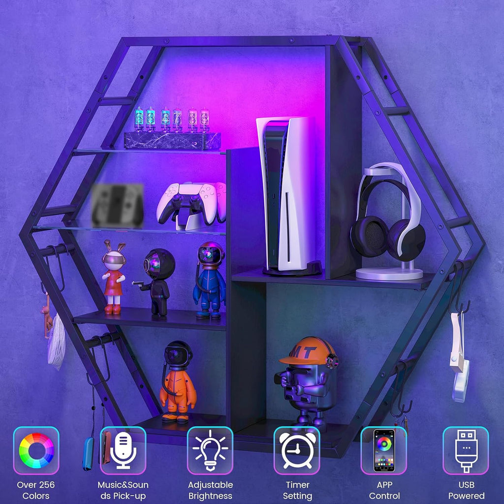 Floating Shelves With Lights – RGB Light Shelves, Honeycomb Hexagonal Design, Sturdy Storage