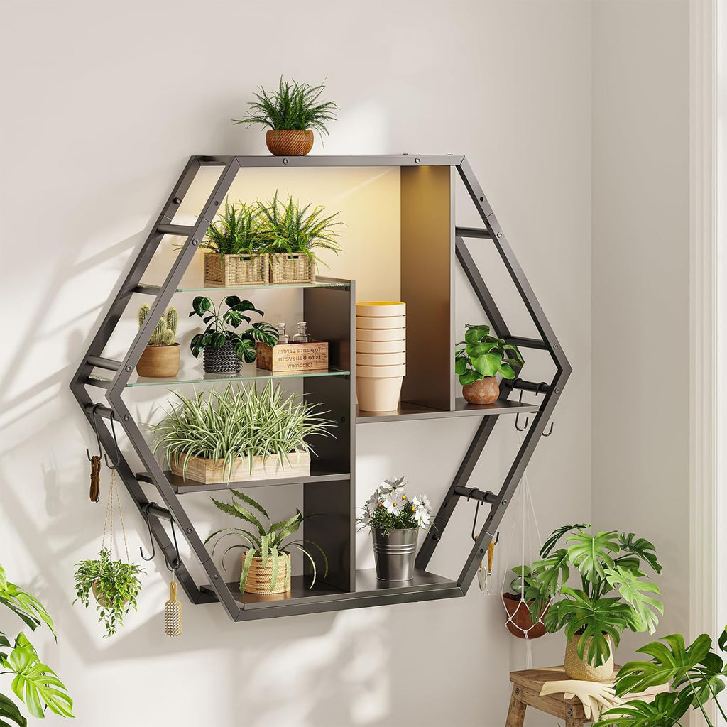 Floating Shelves With Lights – RGB Light Shelves, Honeycomb Hexagonal Design, Sturdy Storage