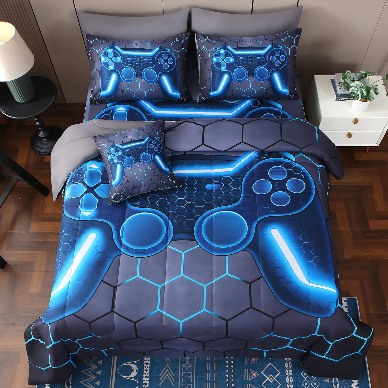 JQinHome Full Gamer Comforter Set,6 Piece Bed in A Bag 3D Video Game Bedding -All Season Down Alternative Gamer Bedding Sets - (Blue Game Controller)