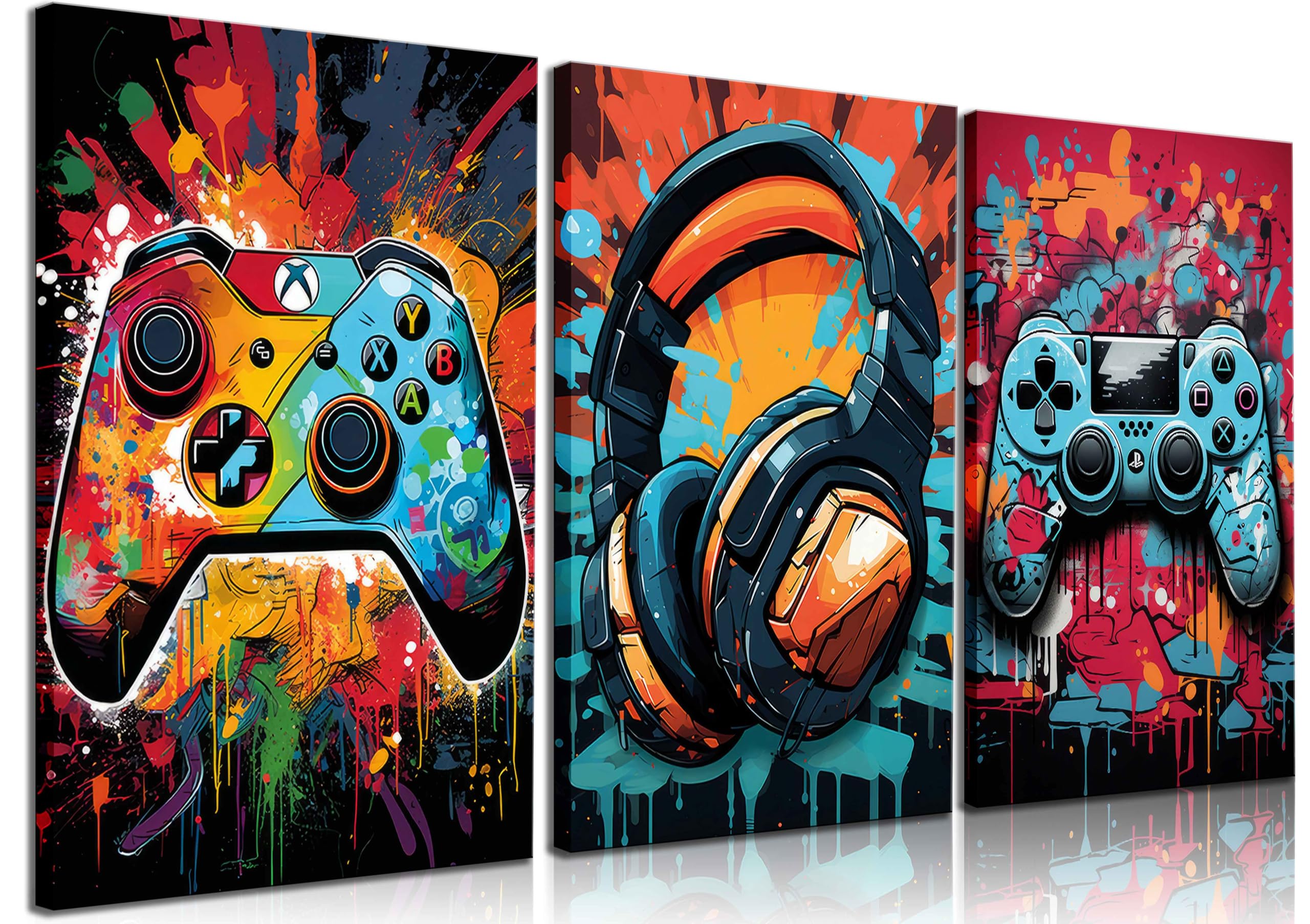 3Pcs Cool Gaming Wall Art Retro Video Game watercolor Posters Pictures Colorful Neon Gamepad Canvas Painting Prints for Boys Room Kids Game Room Bedroom for Boys Home Decoration 12x16in Unframed
