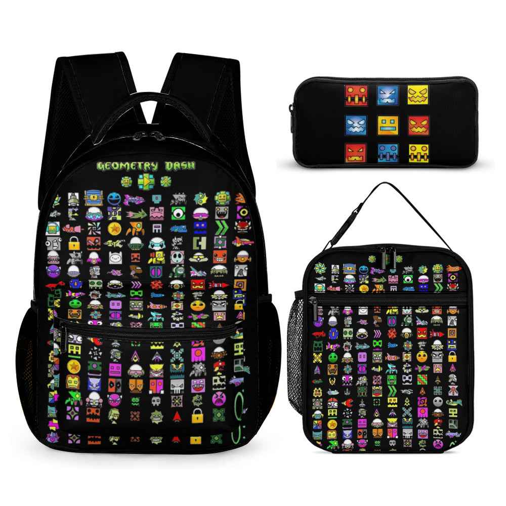 Geometry Dash Backpack Set - Durable School Backpack Set With Lunch Bag & Pencil Case Combo