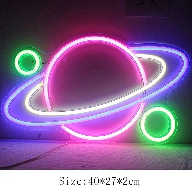 Alien Neon Light Sign Spaceship Planet