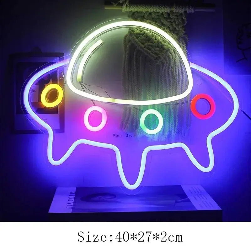 Alien Neon Light Sign Spaceship Planet