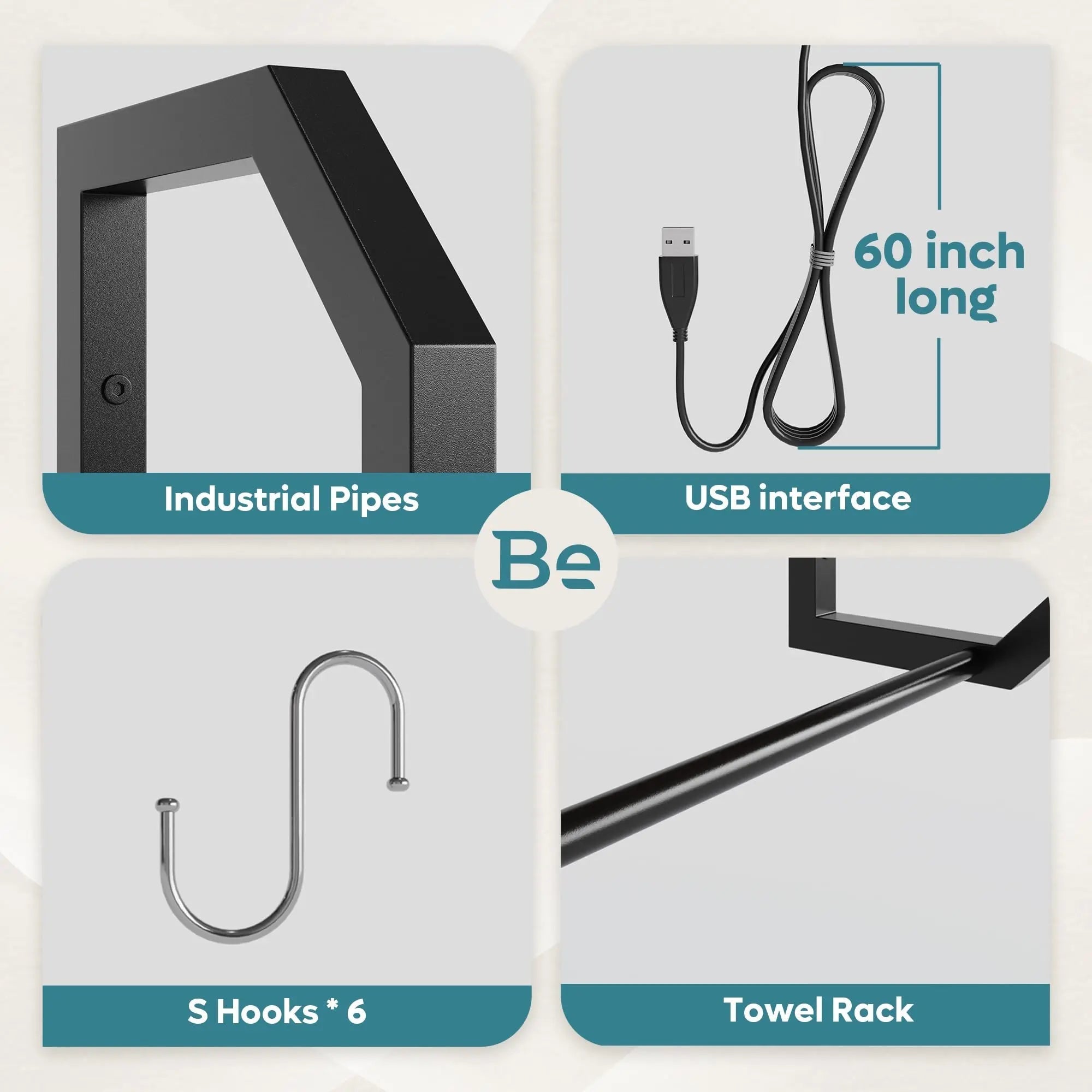 Bestier Gaming Floating Shelves, 34" LED Wall Mounted Shelf with Adjustable Glass Shelf, Pipe Shelves Hanging Display Rack Bookshelf with 6 S-Hook, Gaming Room Decor Wine Coffee Bar Black