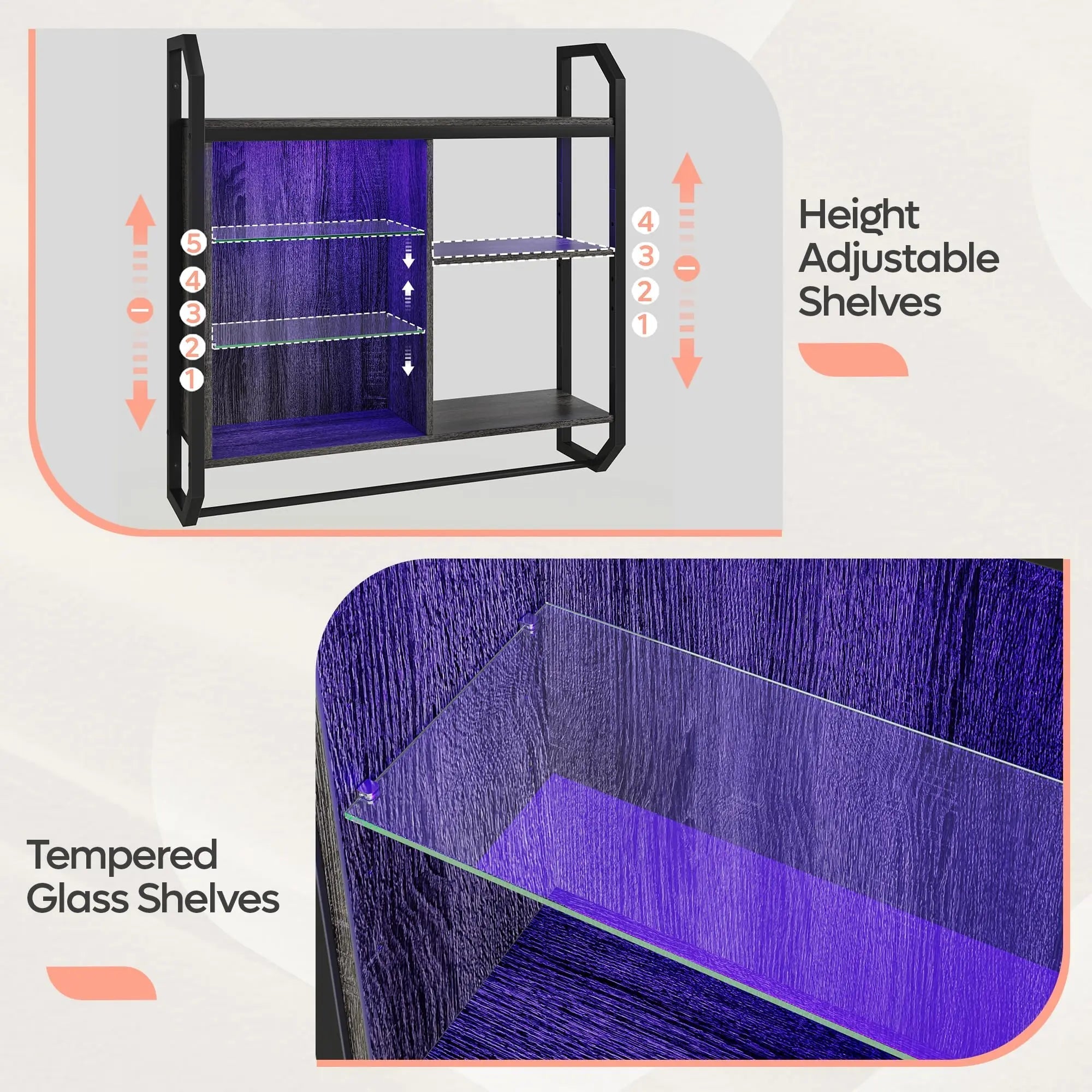 Bestier Gaming Floating Shelves, 34" LED Wall Mounted Shelf with Adjustable Glass Shelf, Pipe Shelves Hanging Display Rack Bookshelf with 6 S-Hook, Gaming Room Decor Wine Coffee Bar Black