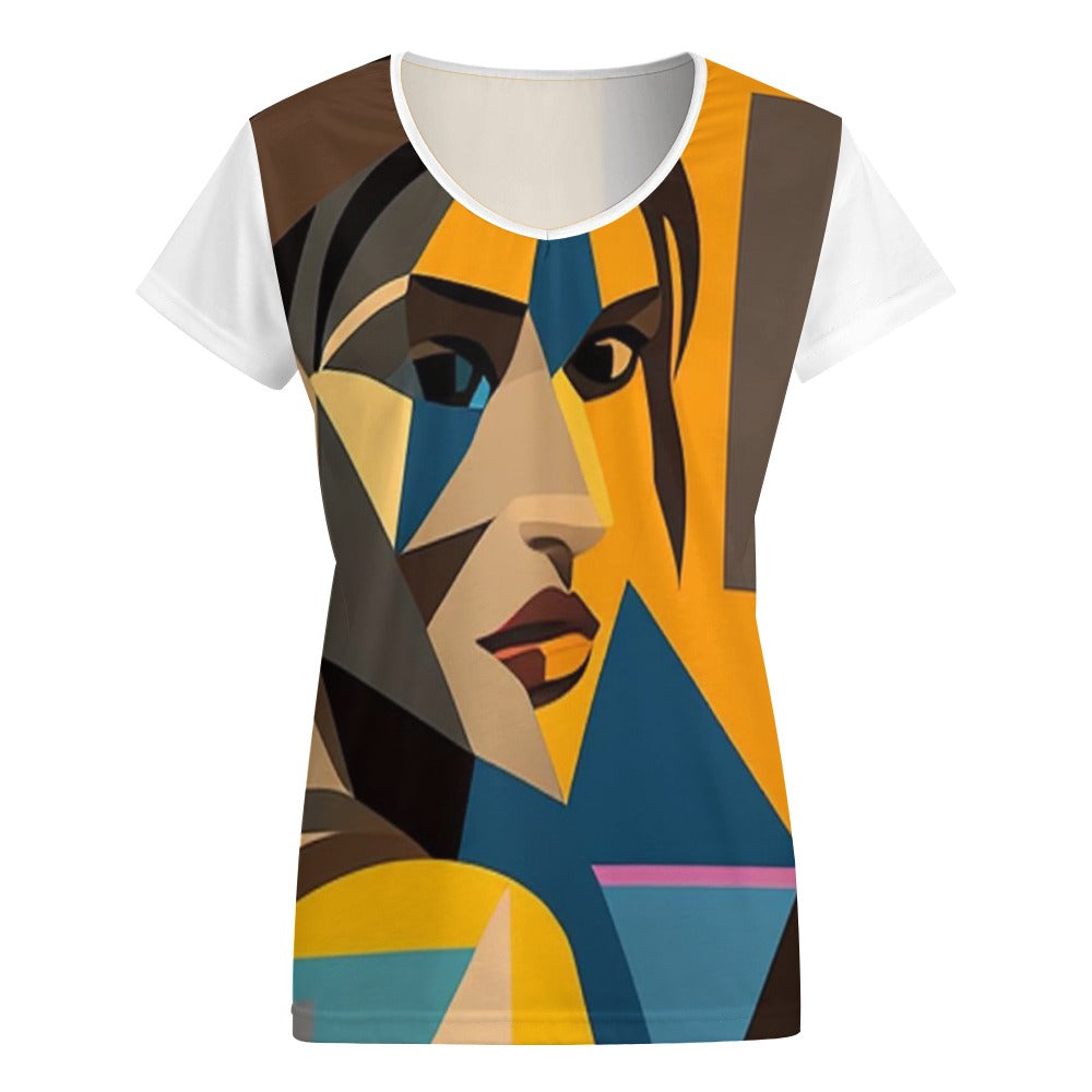 Lara Croft V-Neck Women's Graphic Tee – Picasso Style Casual Summer Shirt