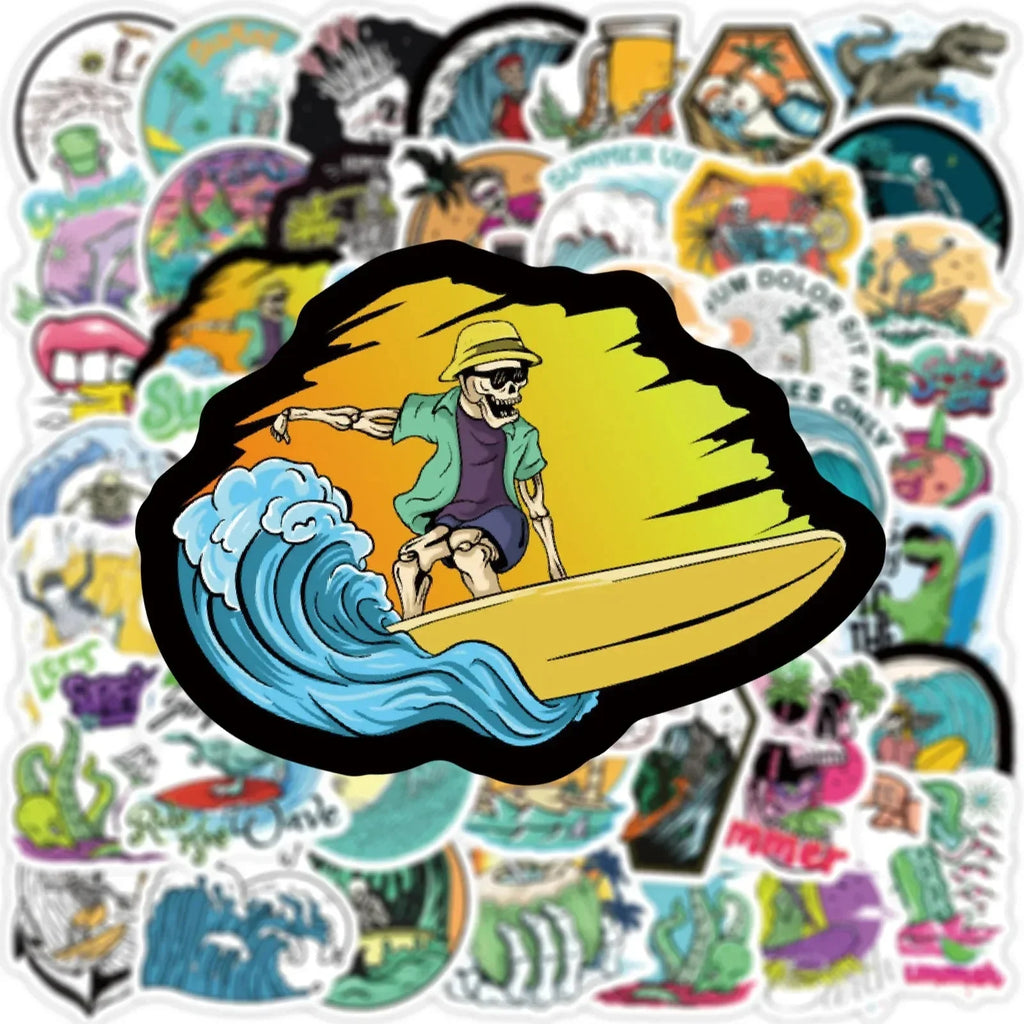 Summer Skull Stickers – 50 Piece Surfing Sticker Pack With Retro Anime Style
