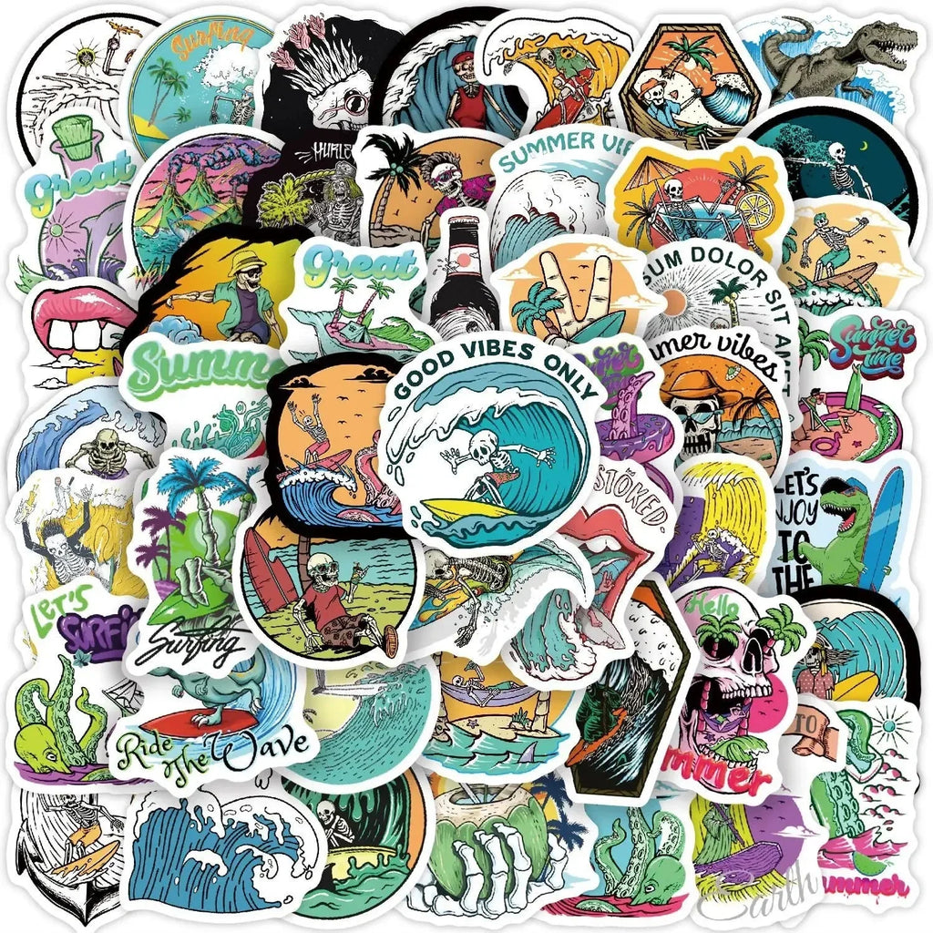 Summer Skull Stickers – 50 Piece Surfing Sticker Pack With Retro Anime Style