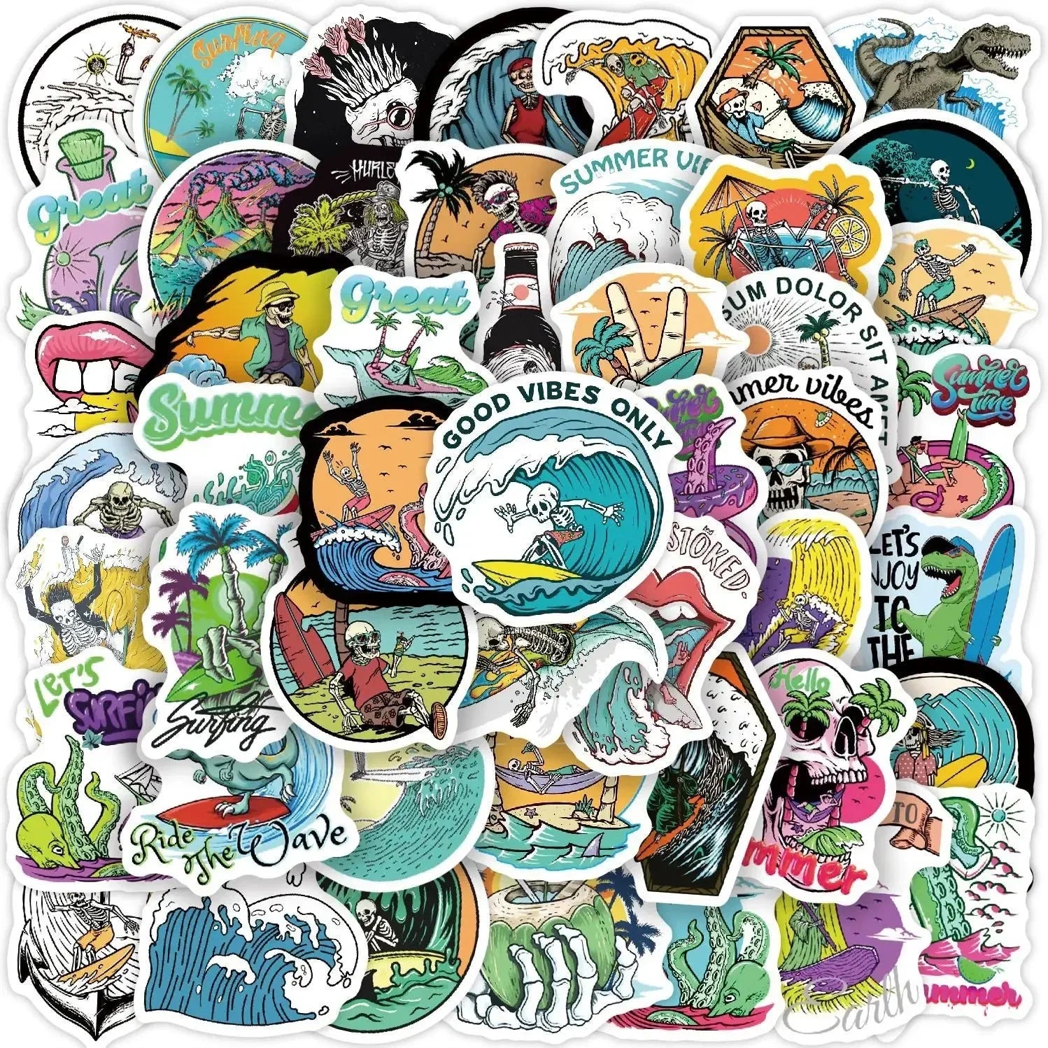 Summer Skull Stickers – 50 Piece Surfing Sticker Pack With Retro Anime Style