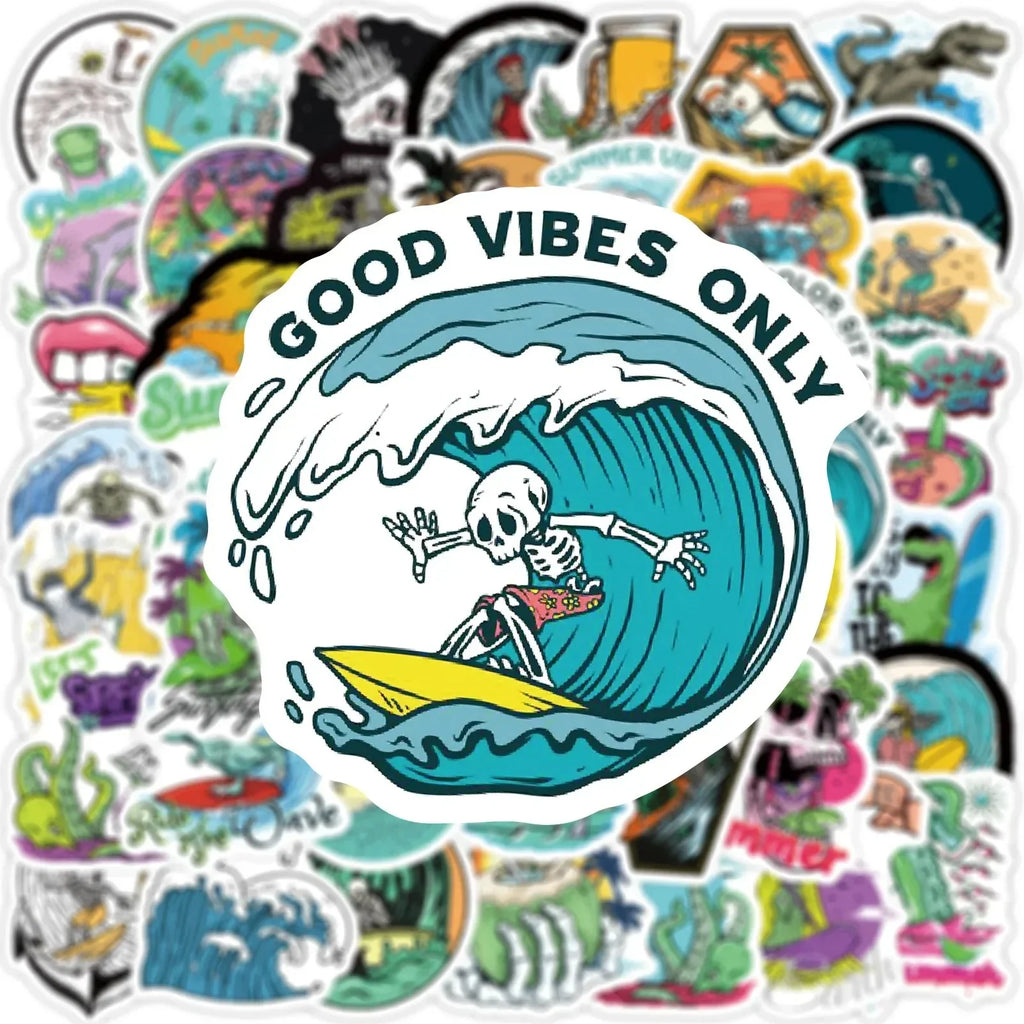 Summer Skull Stickers – 50 Piece Surfing Sticker Pack With Retro Anime Style