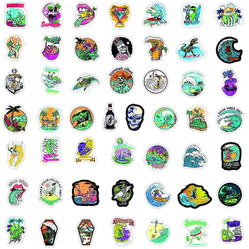 Summer Skull Stickers – 50 Piece Surfing Sticker Pack With Retro Anime Style