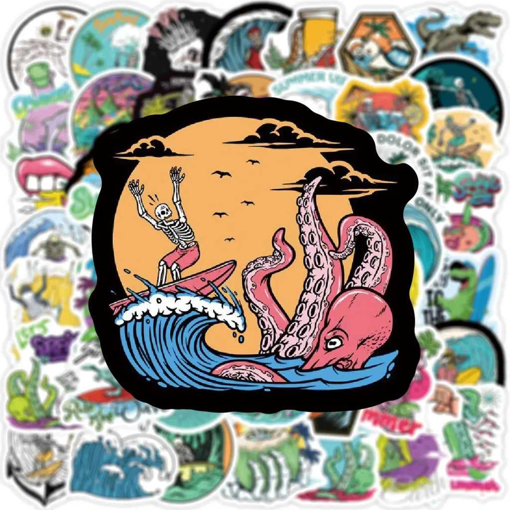 Summer Skull Stickers – 50 Piece Surfing Sticker Pack With Retro Anime Style