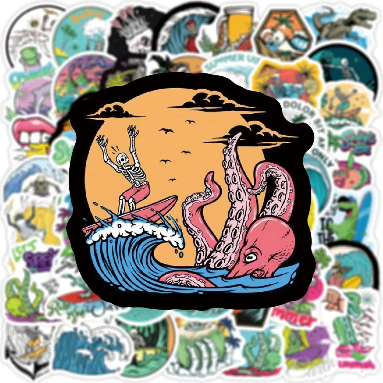 Summer Skull Stickers – 50 Piece Surfing Sticker Pack With Retro Anime Style