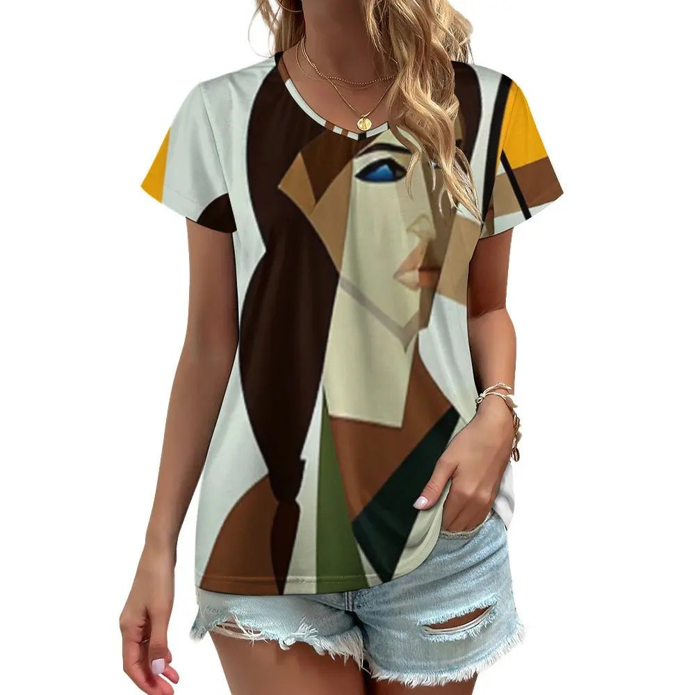 Lara Croft Inspired V-Neck T-Shirt in Picasso Style for Women