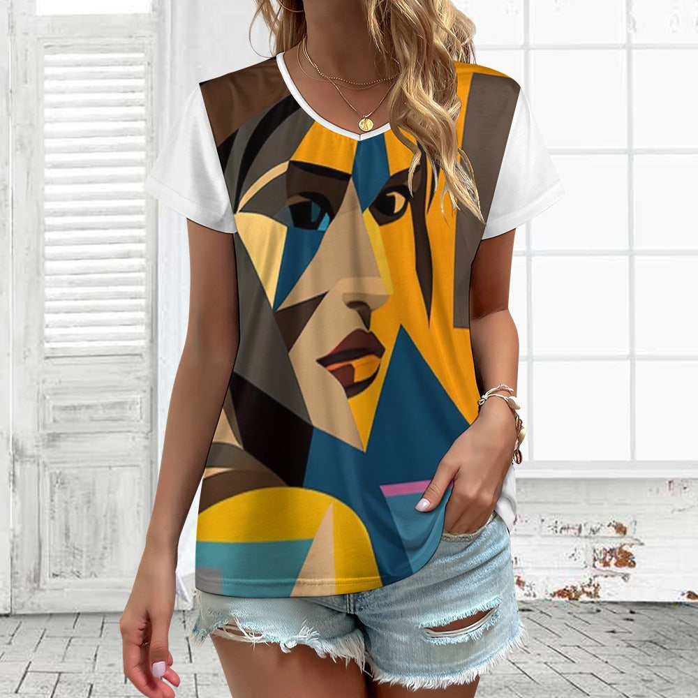 Lara Croft V-Neck Women's Graphic Tee – Picasso Style Casual Summer Shirt