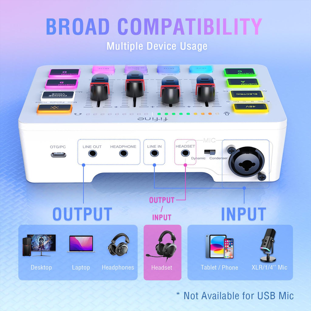 FIFINE Gaming Audio Mixer, Streaming RGB PC Mixer with XLR Microphone Interface, Individual Control, Volume Fader, Mute Button, 48V Phantom Power, for Podcast/Recording/Vocal/Game Voice-AmpliGame SC3