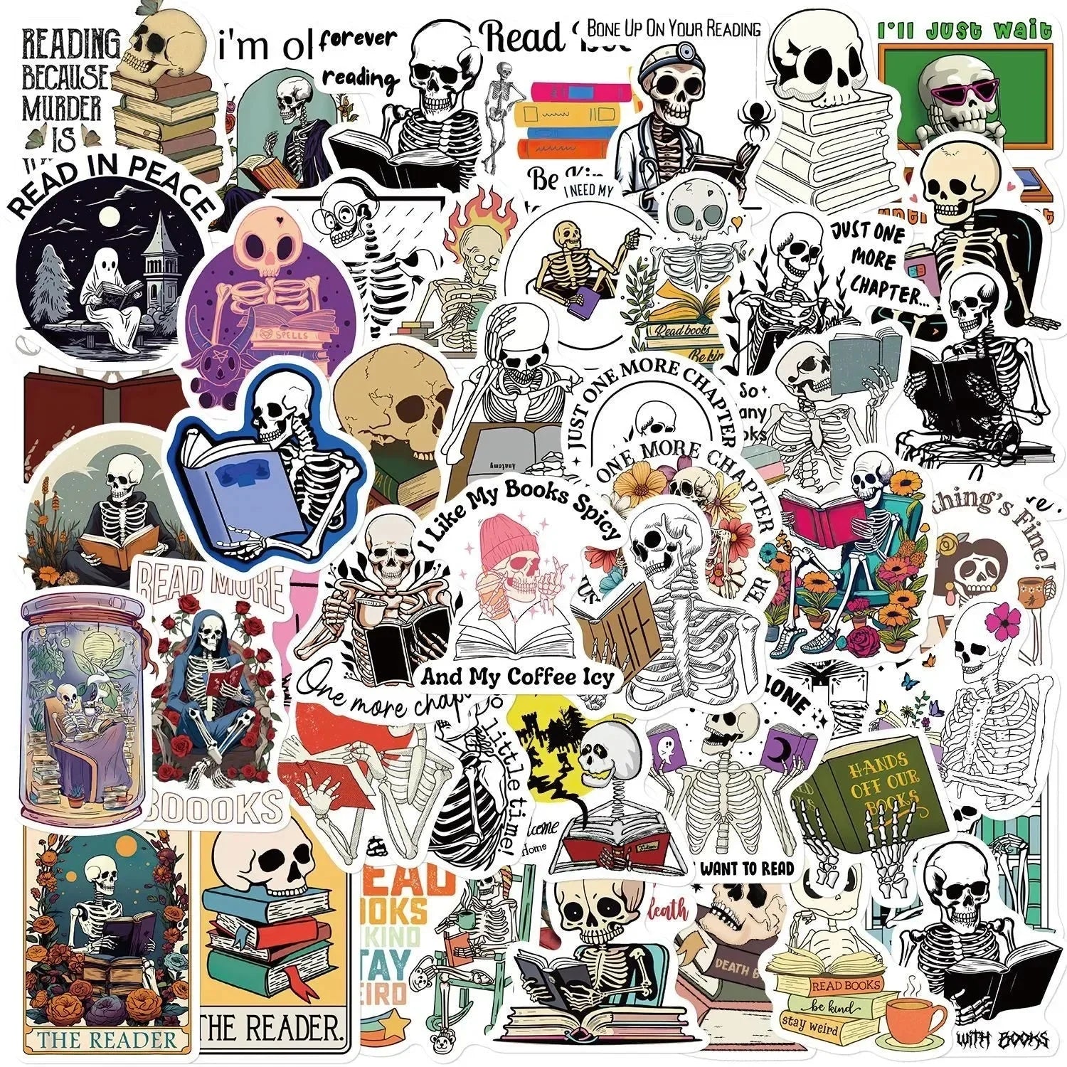 Funny Skull Stickers – 50 Piece Pack of Skull Reading Books & Anime Style Decals